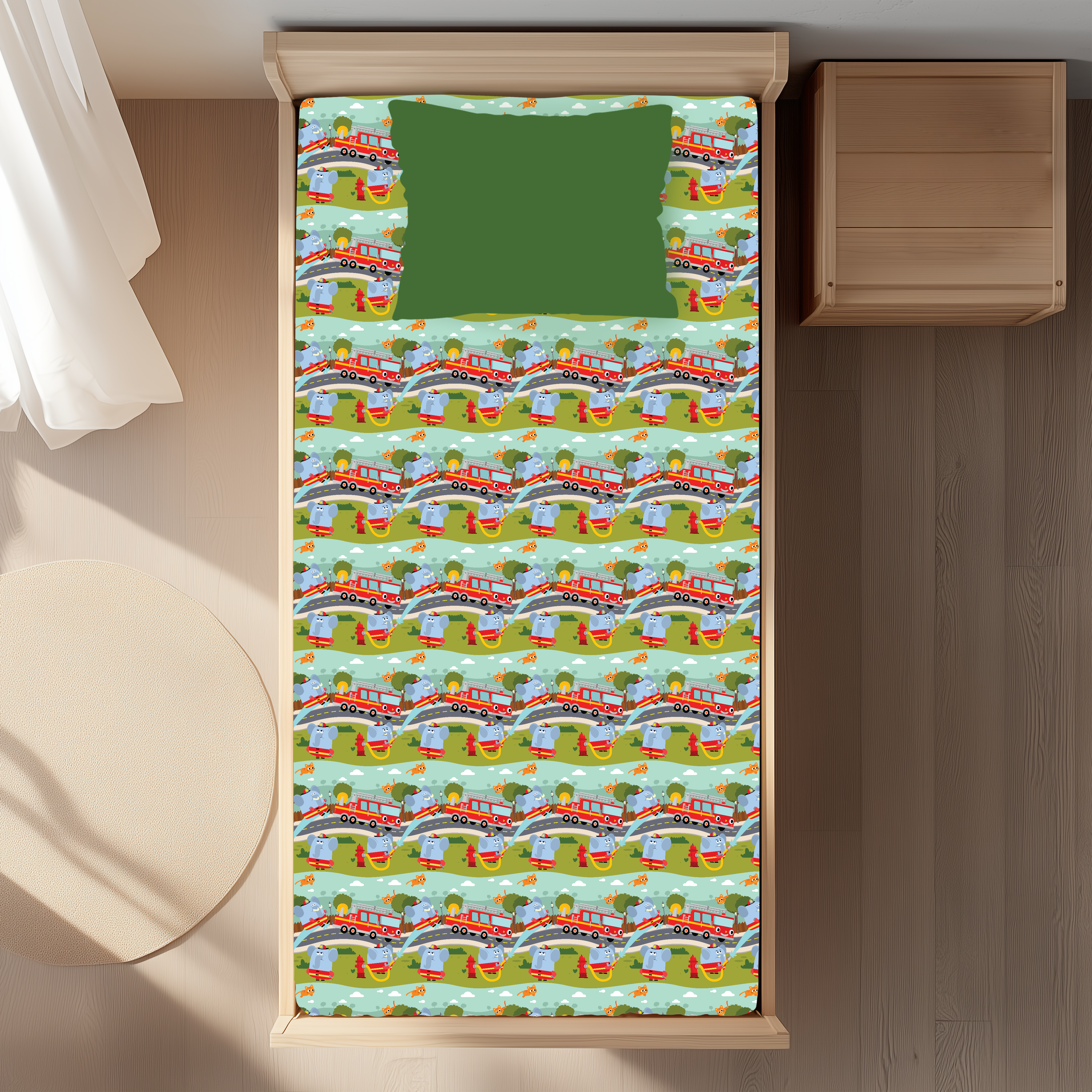 PREORDER TAT 14 WEEKS - Fitted Twin Sheet & Pillow Case Set - Super Simple™ Here Comes the Firetruck - Tencel™ Modal