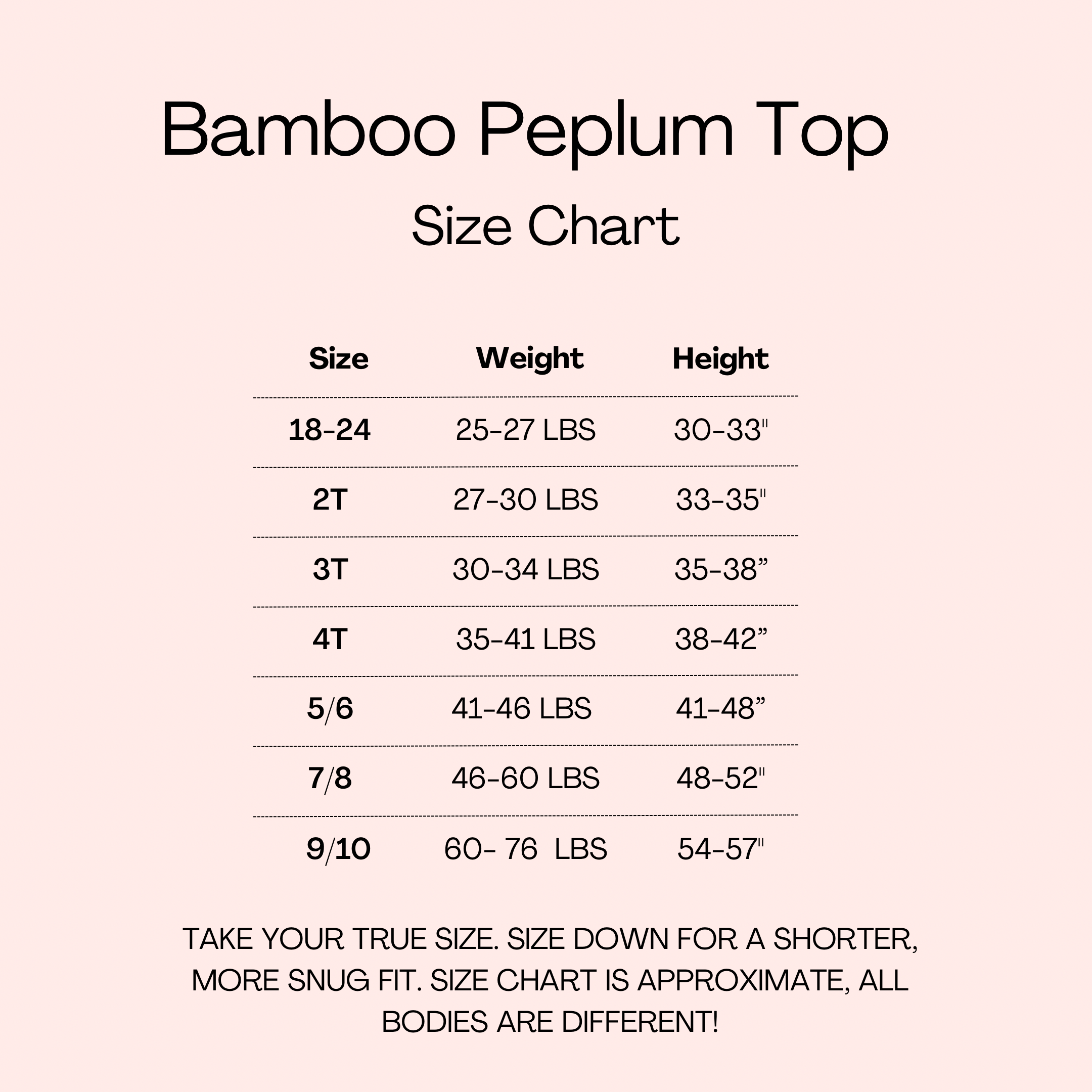 Size chart for a bamboo peplum top with elephant print.