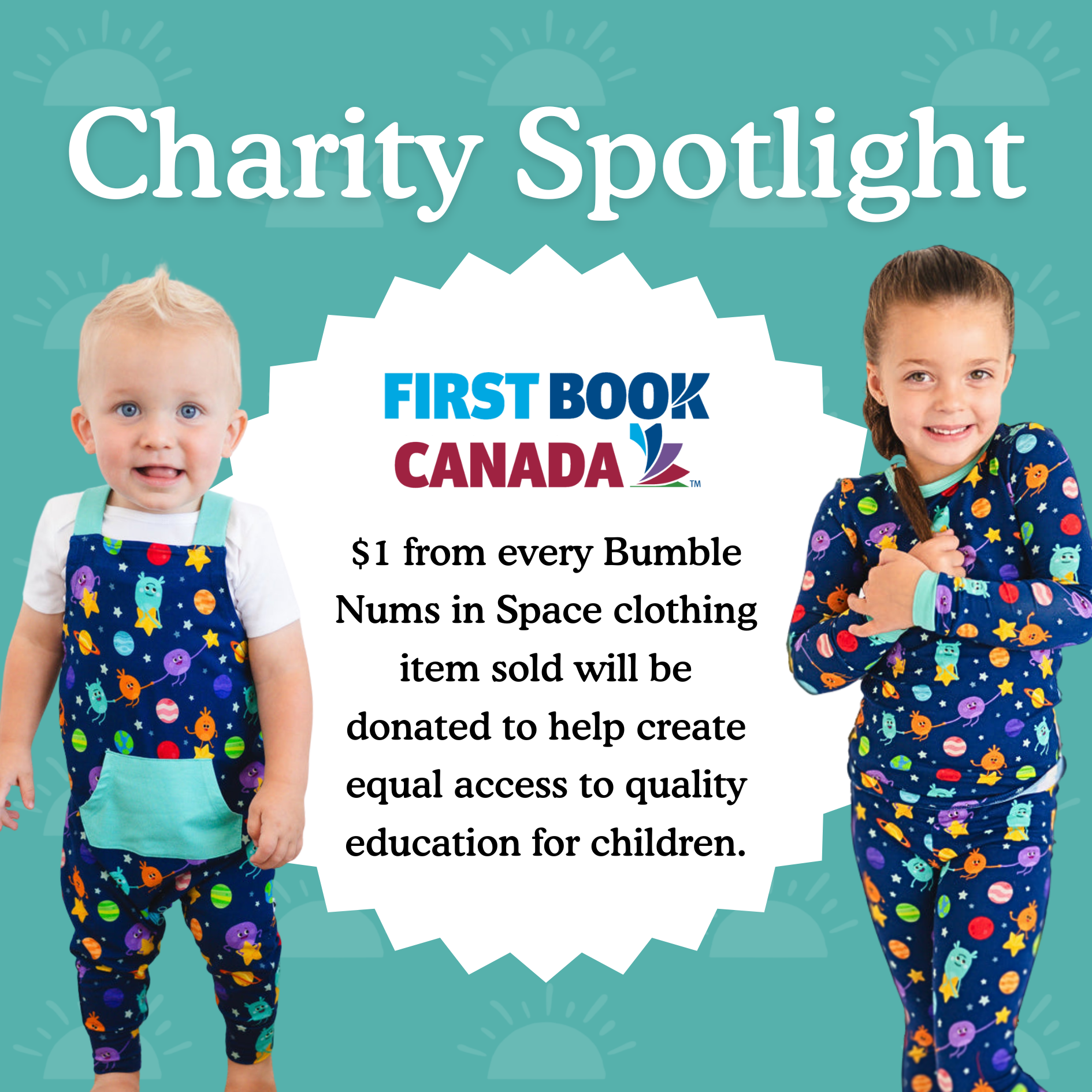 Children in space-themed pajamas and overalls stand with a charity message.