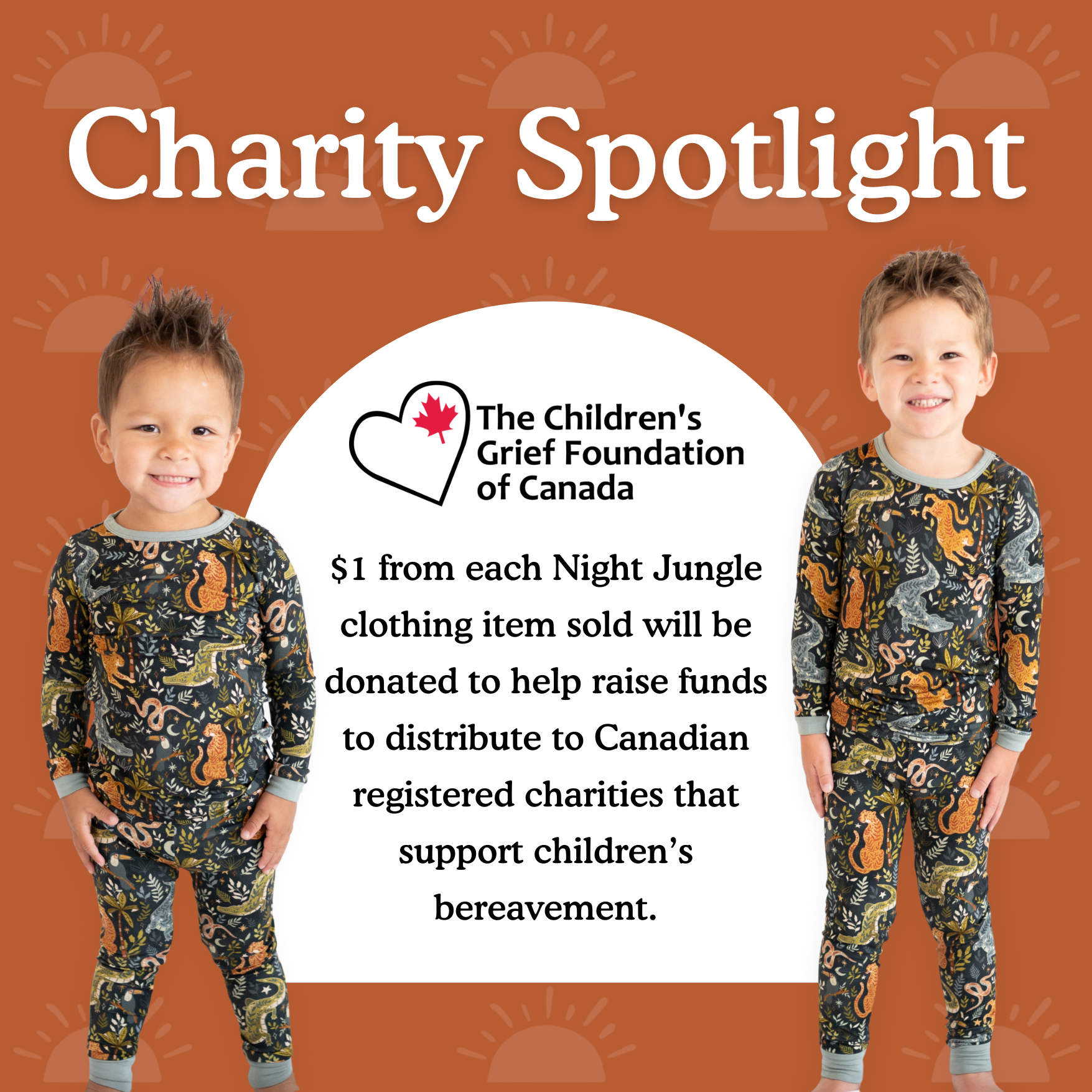 Children in Night Jungle pajamas with a charity message.
