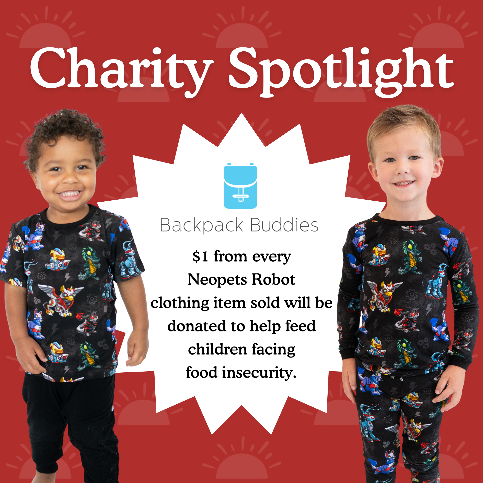 Two children wear matching Neopets Robot pajamas with a charity message.