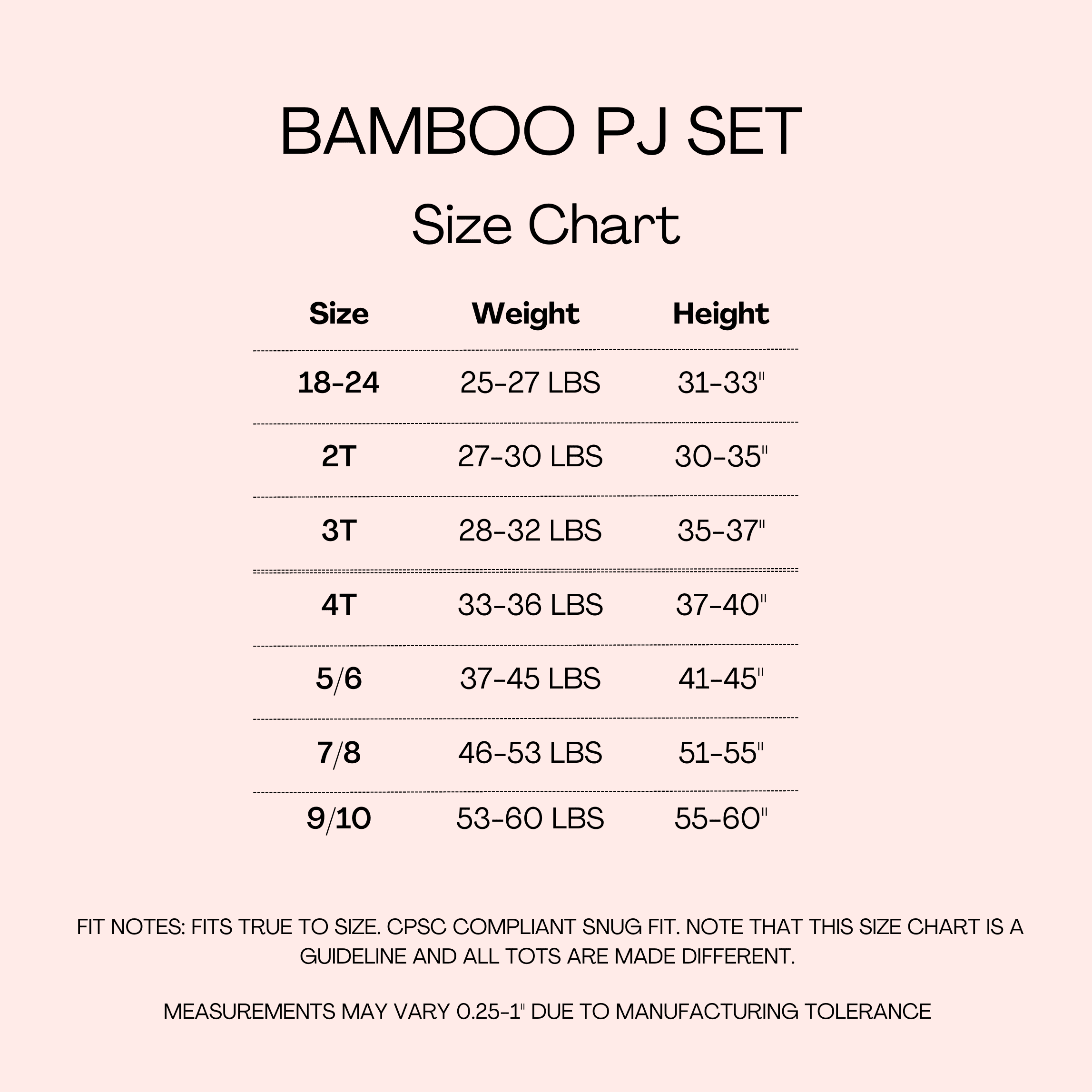 Size chart for a bamboo pajama set with columns for size, weight, and height.