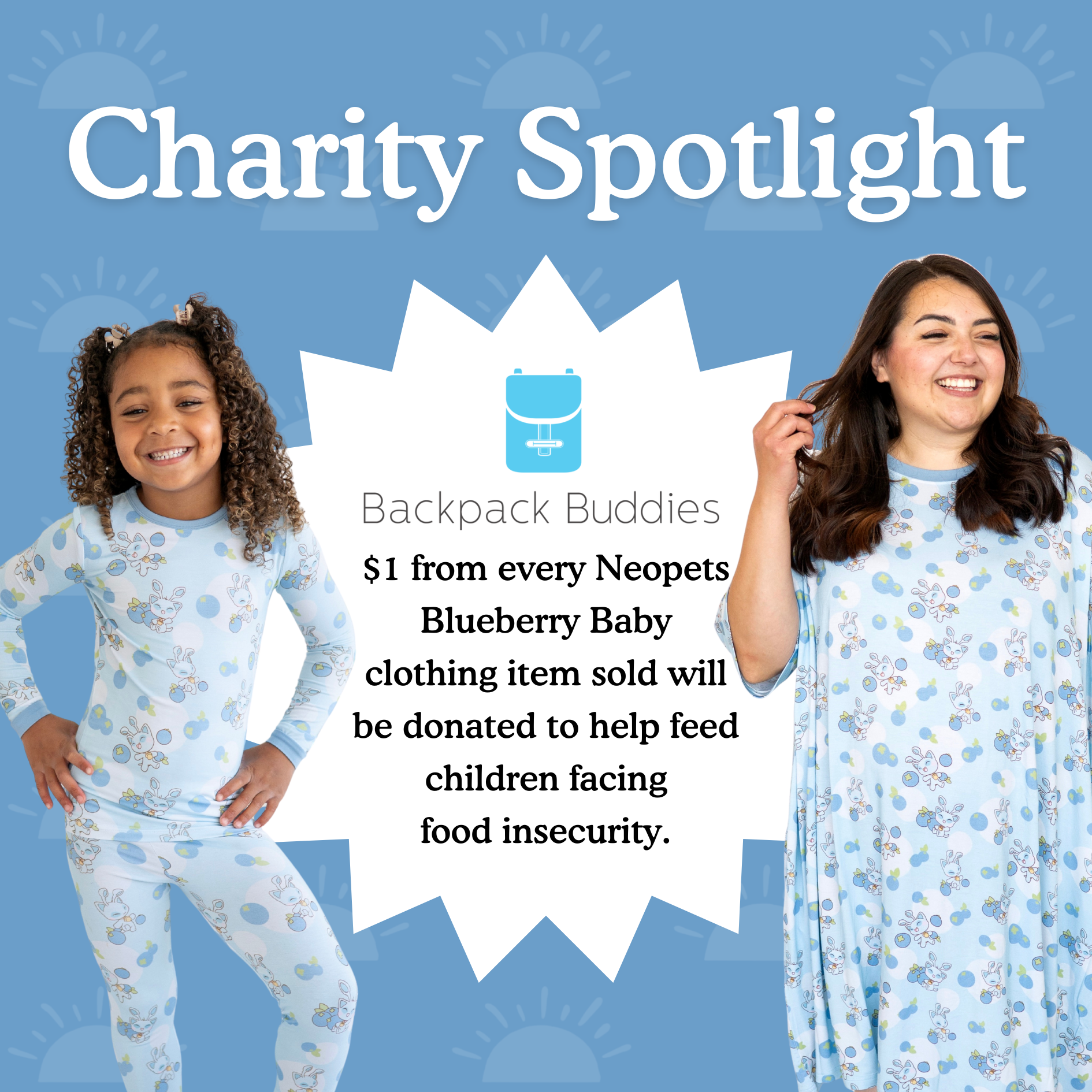 A child and adult model wear matching light blue pajamas with a blueberry and bunny print.