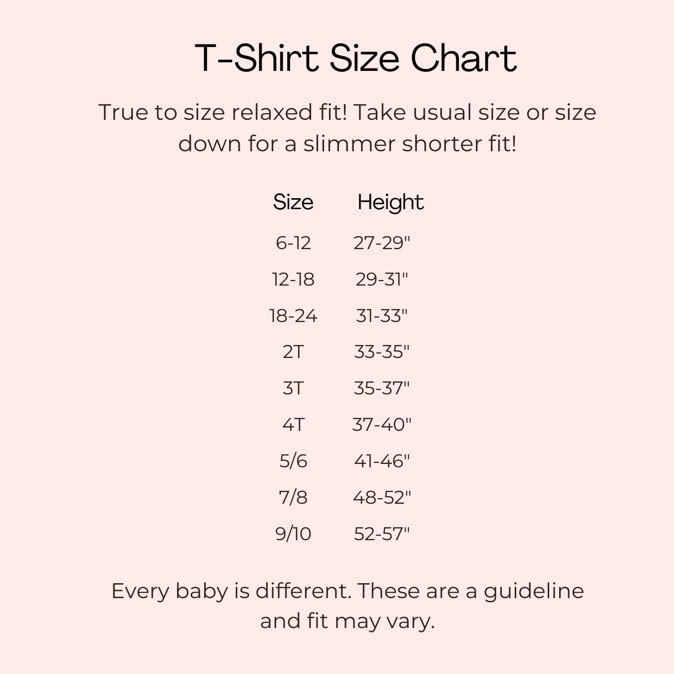T-Shirt size chart with sizes and corresponding heights.