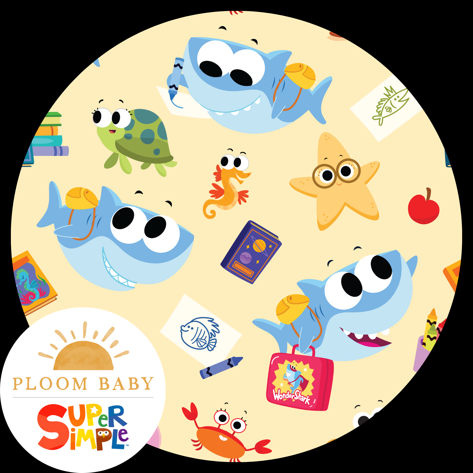 A playful pattern of cartoon sea creatures, including sharks, a turtle, a starfish, and a seahorse, with school-themed items like books and crayons.