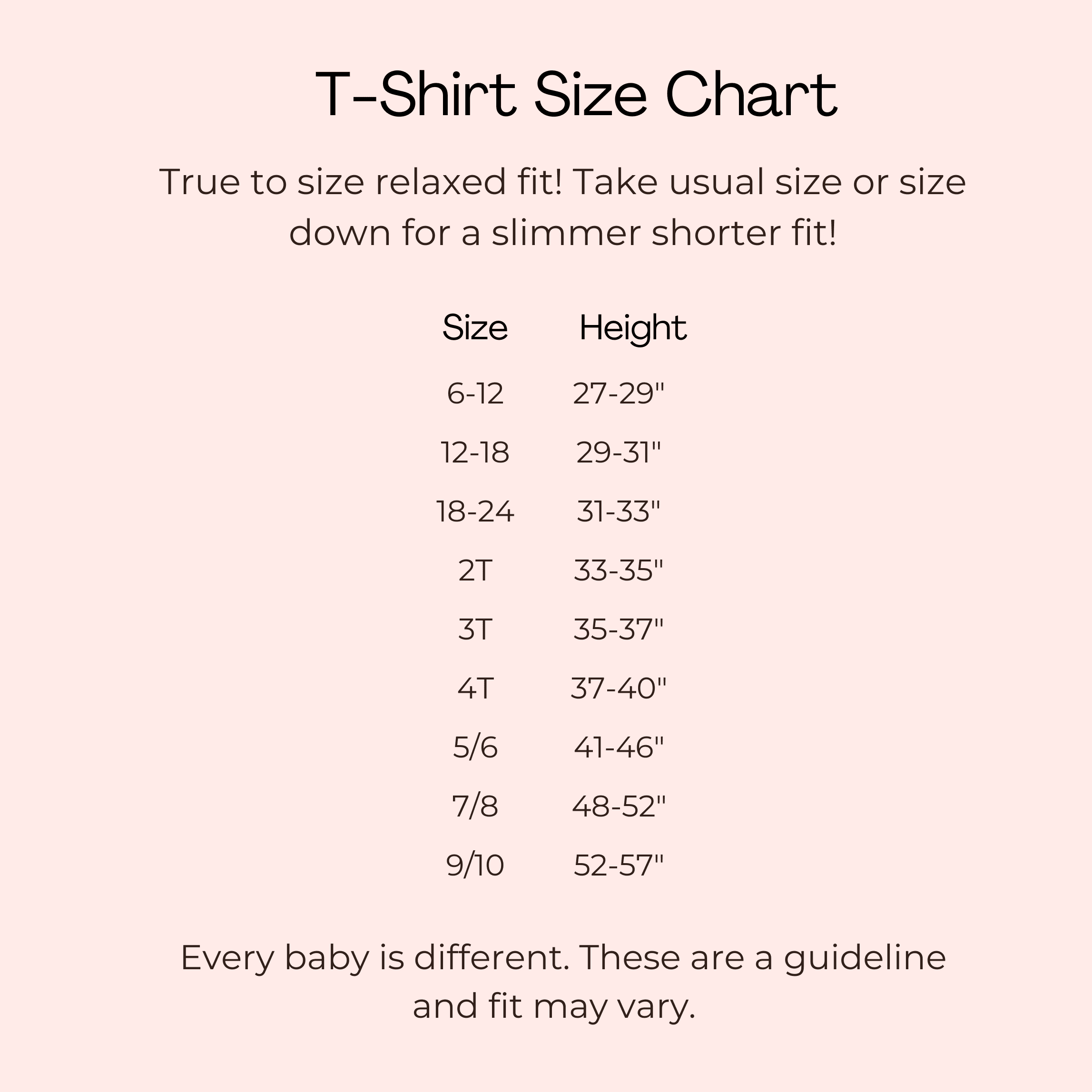 T-shirt size chart with size and height measurements.