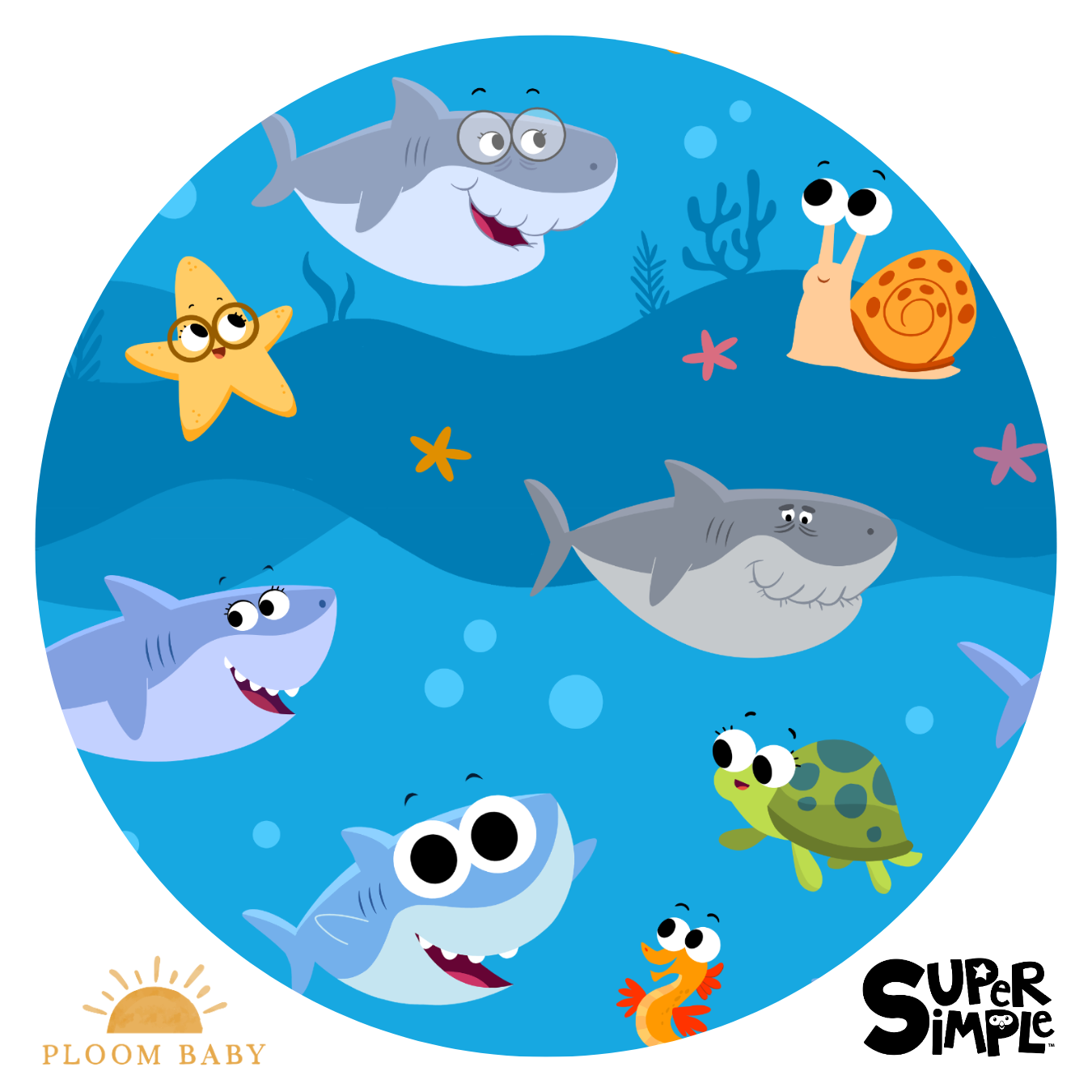 A cartoon illustration of baby sharks, a starfish, a snail, a turtle, and a seahorse swimming in blue water.