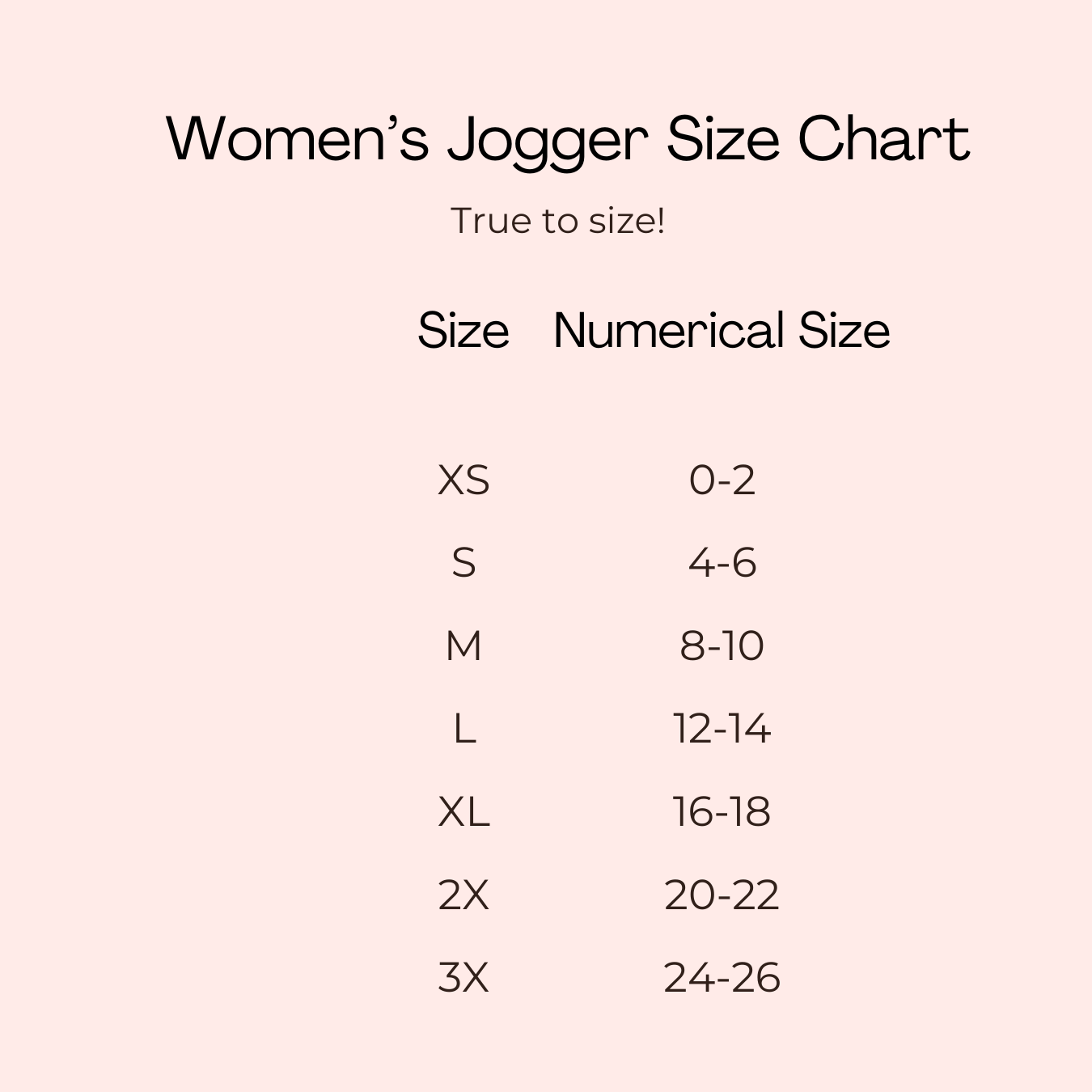 Women's jogger size chart with sizes XS through 3X.