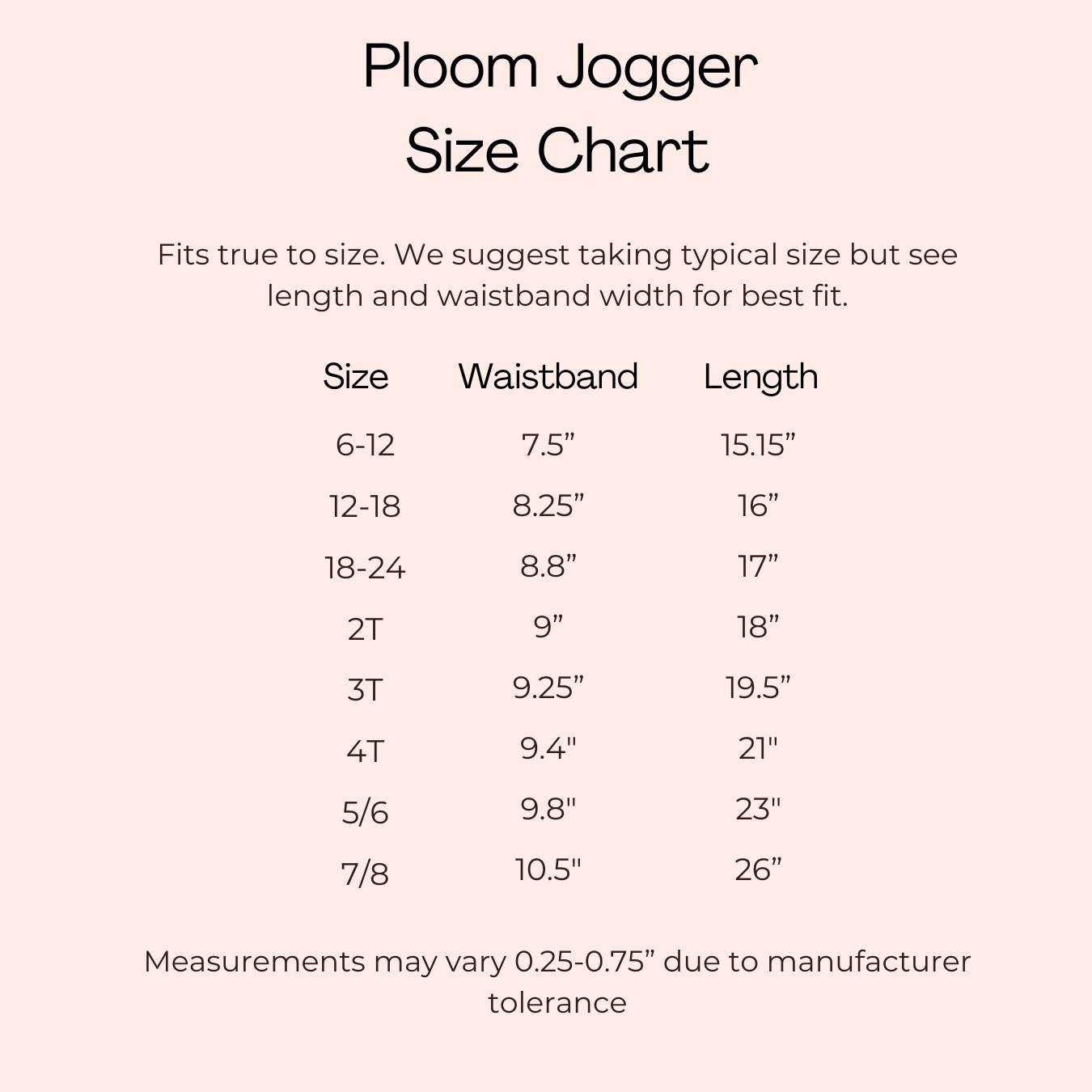 Ploom Jogger size chart with waist and length measurements.