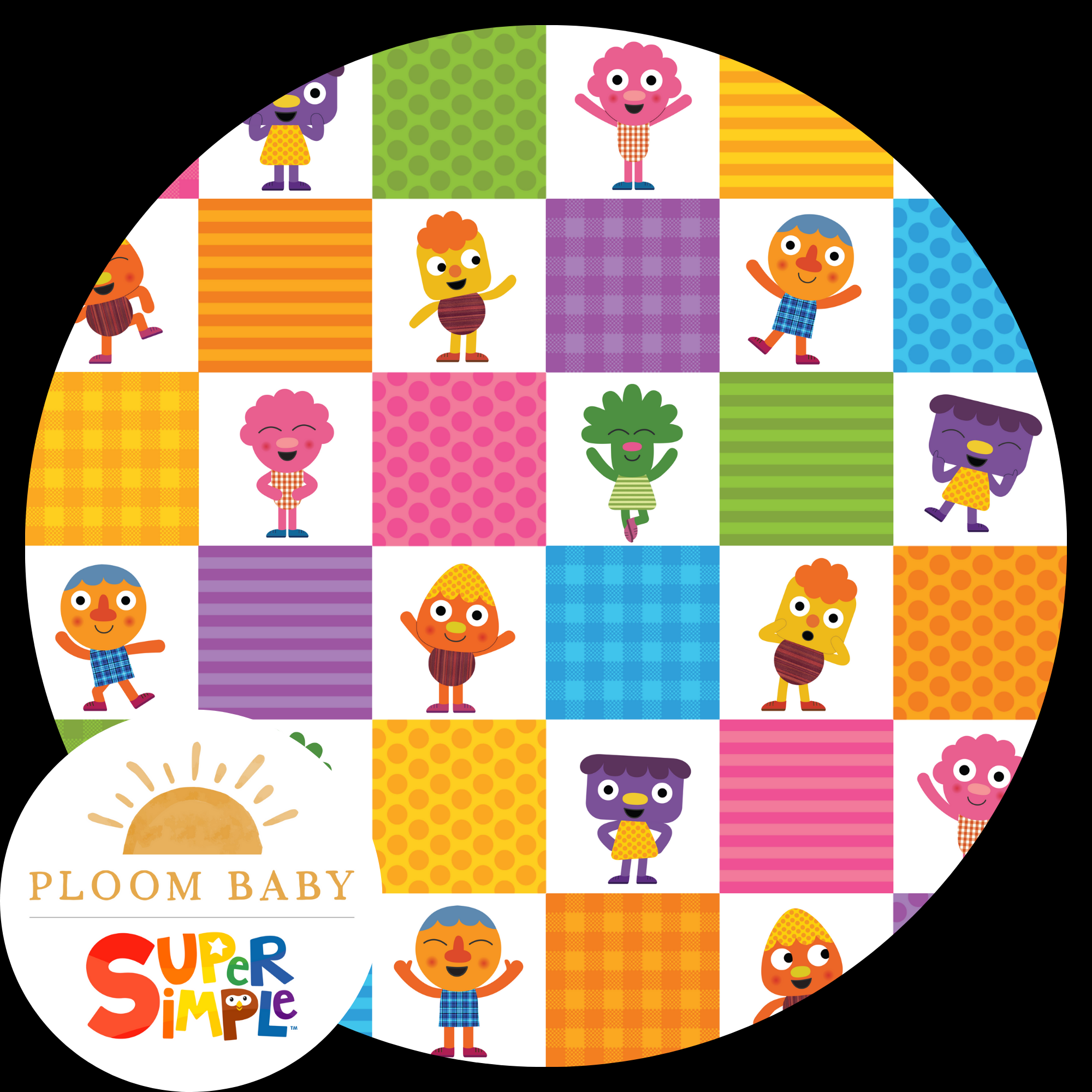 Super Simple Noodle & Pals PJs with colorful characters on a checkered background.