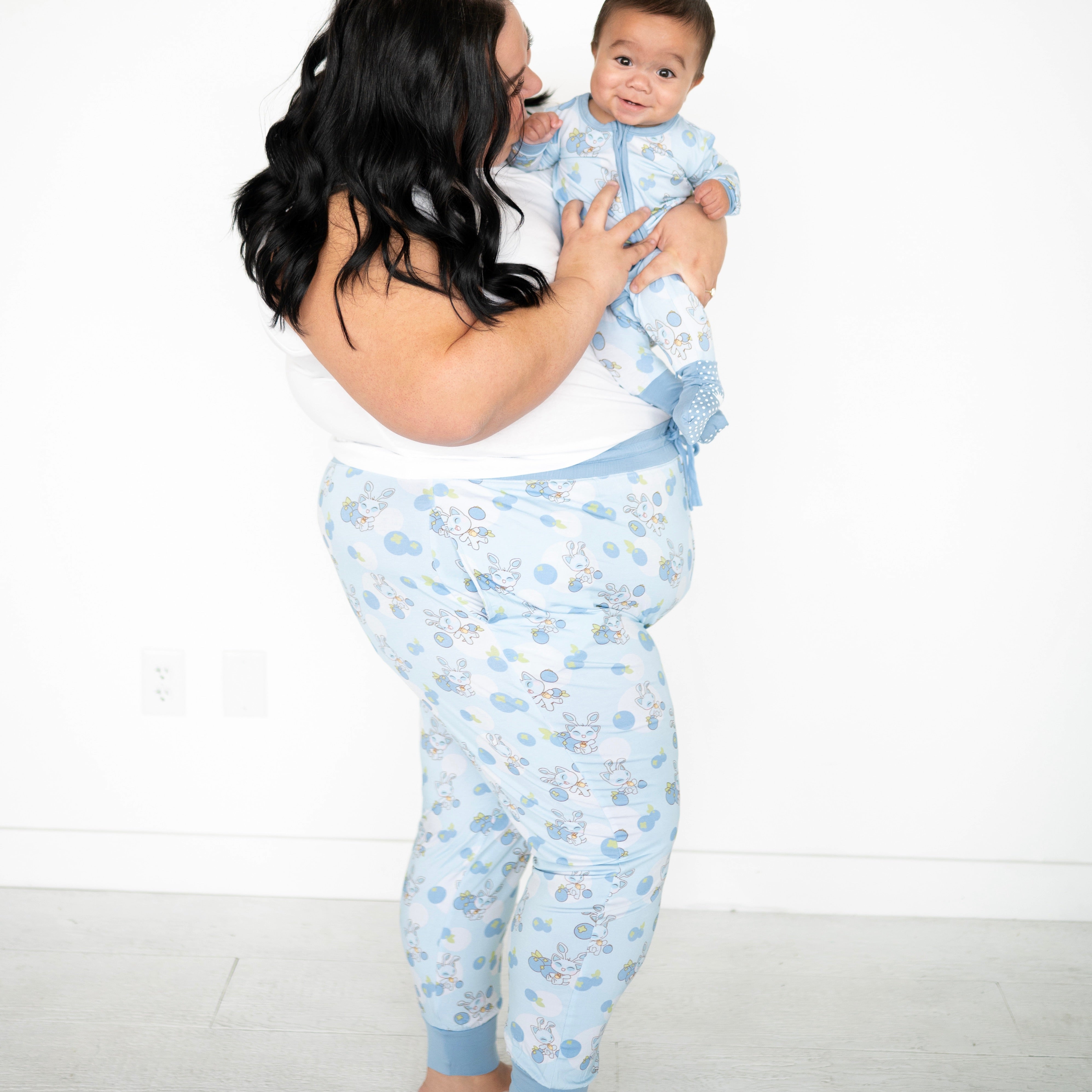 Women's light blue joggers with a blueberry and baby Neopets print.