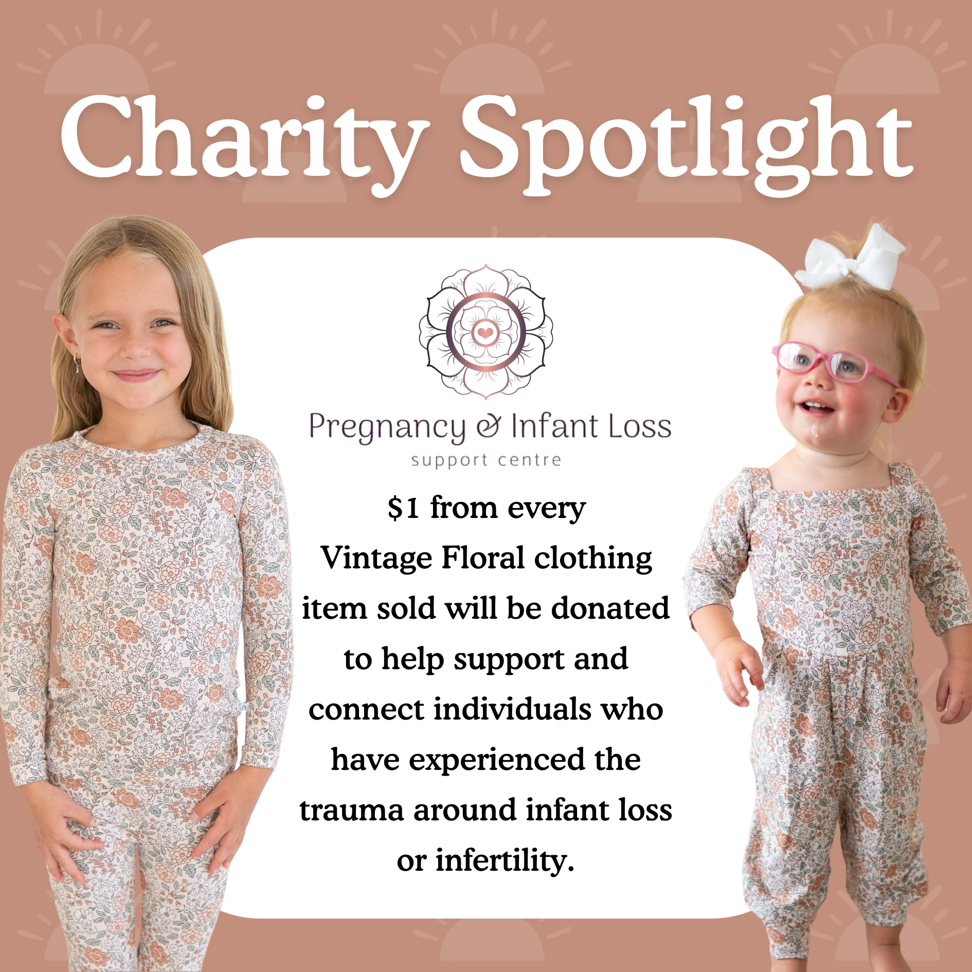 Children in matching vintage floral pajamas, one with glasses and a bow.