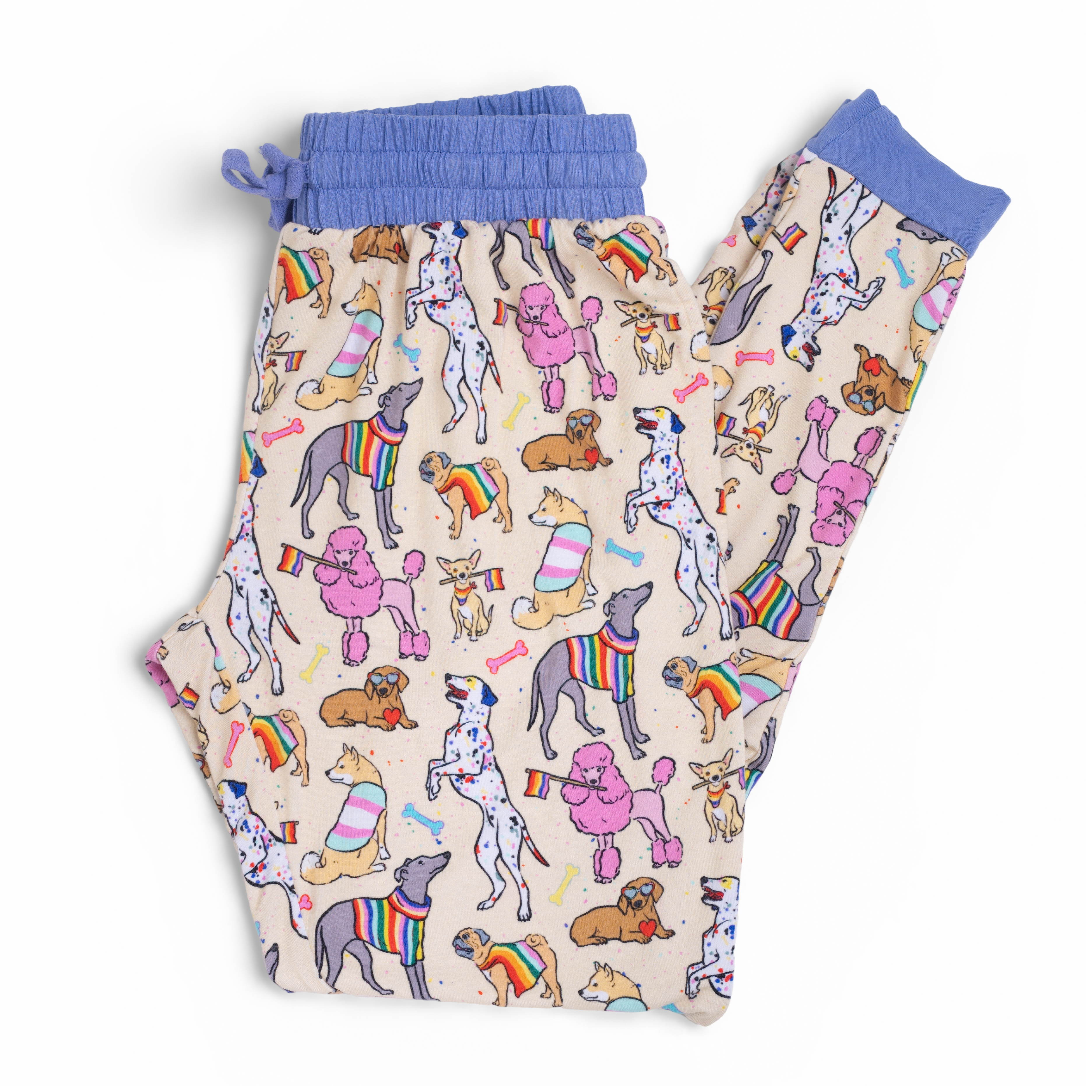 Adult joggers with a pride pups print and a blue drawstring waist.