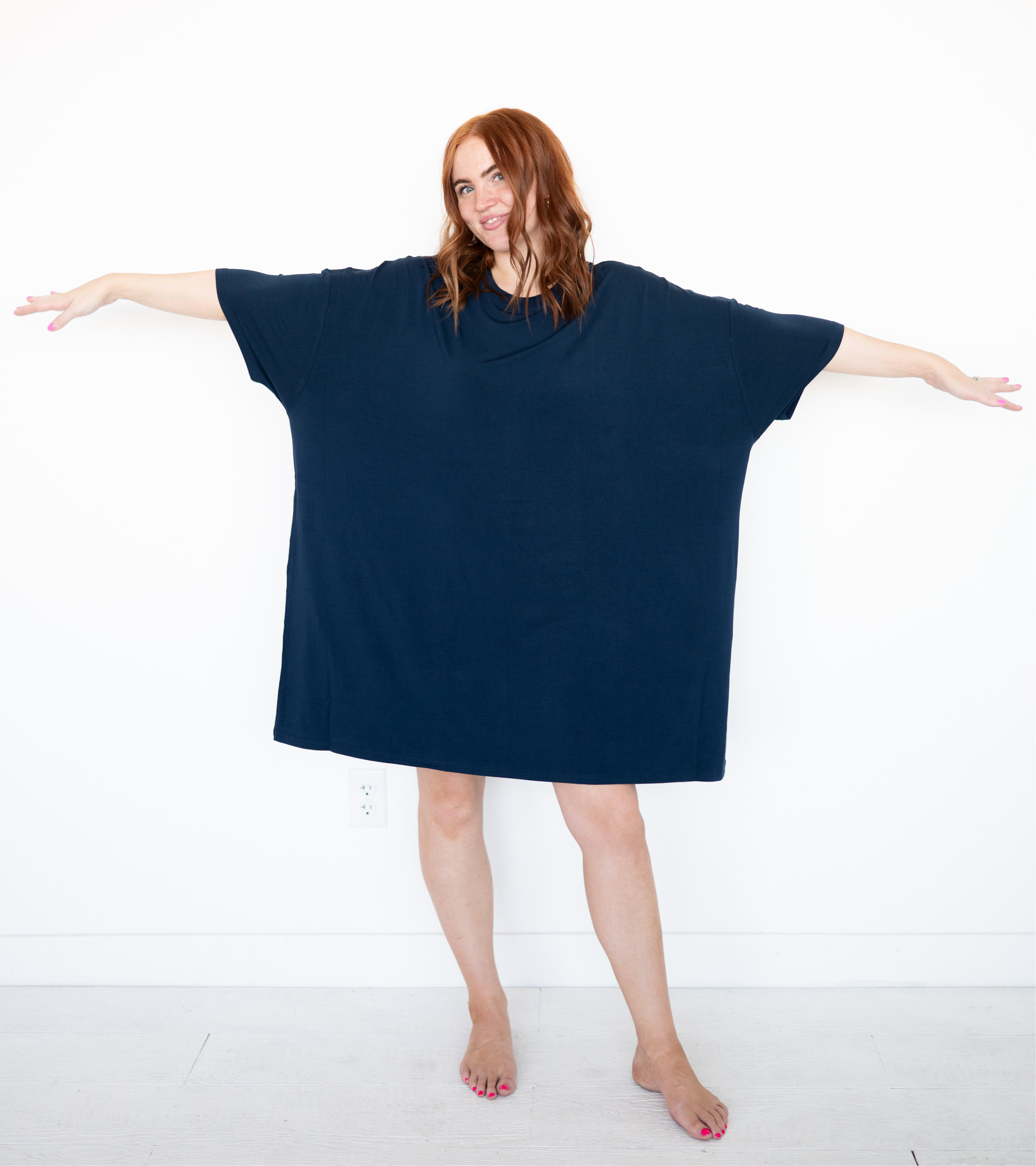 Navy oversized bamboo sleep tee with wide sleeves.