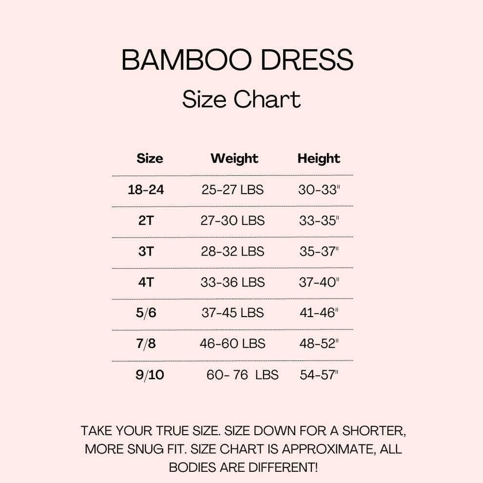 Bamboo dress size chart with weight and height measurements.