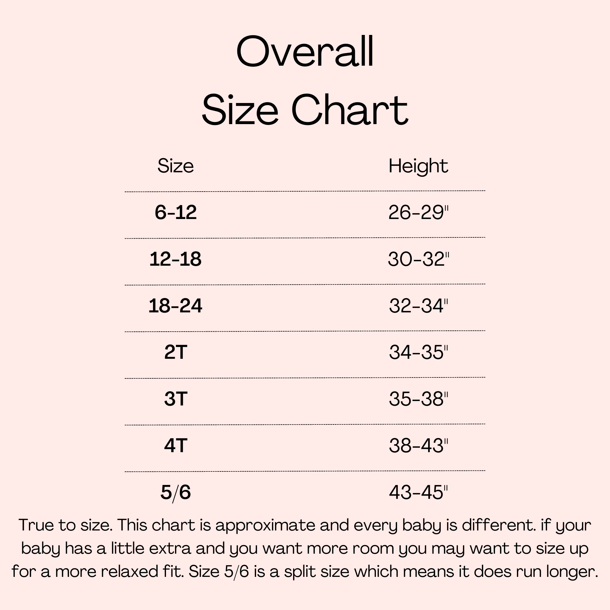 Overall size chart for babies and toddlers with height measurements.