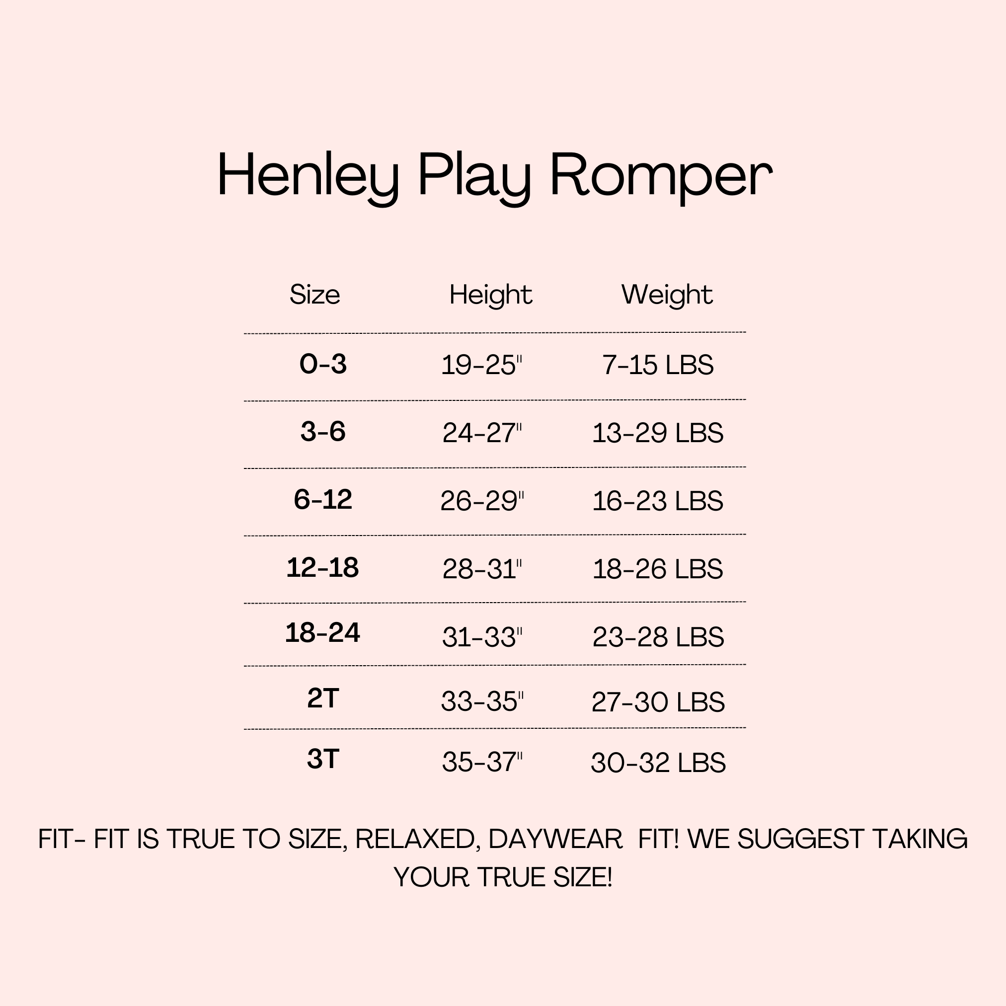Size chart for a Henley Play Romper with size, height, and weight.