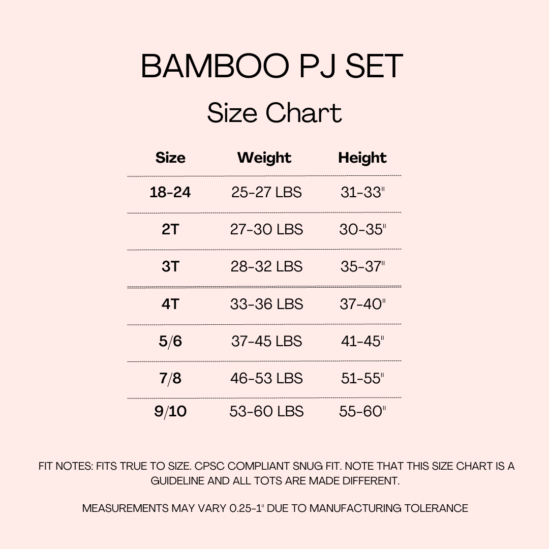 Bamboo pajama size chart with size, weight, and height information.