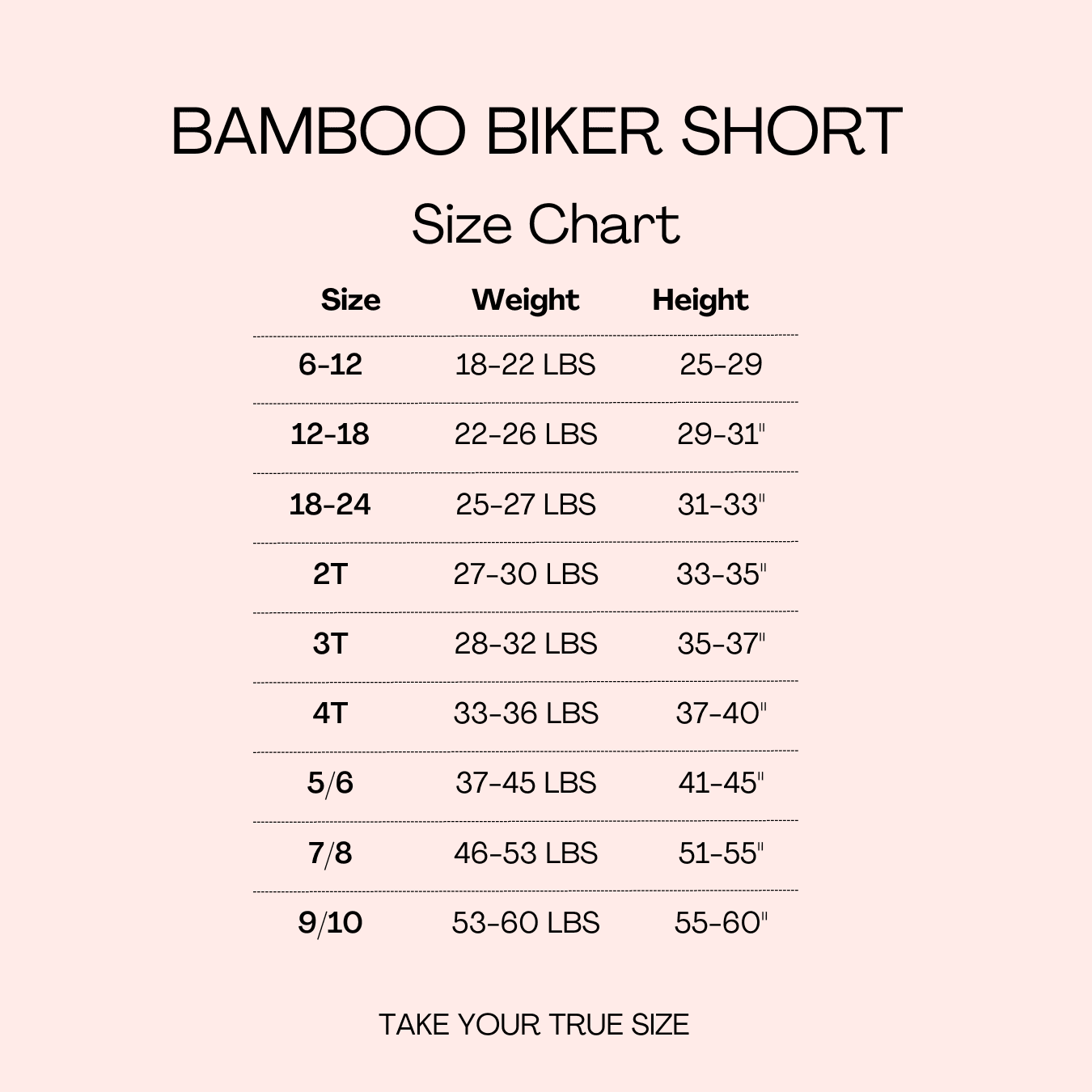 Size chart for olive biker shorts with weight and height recommendations.