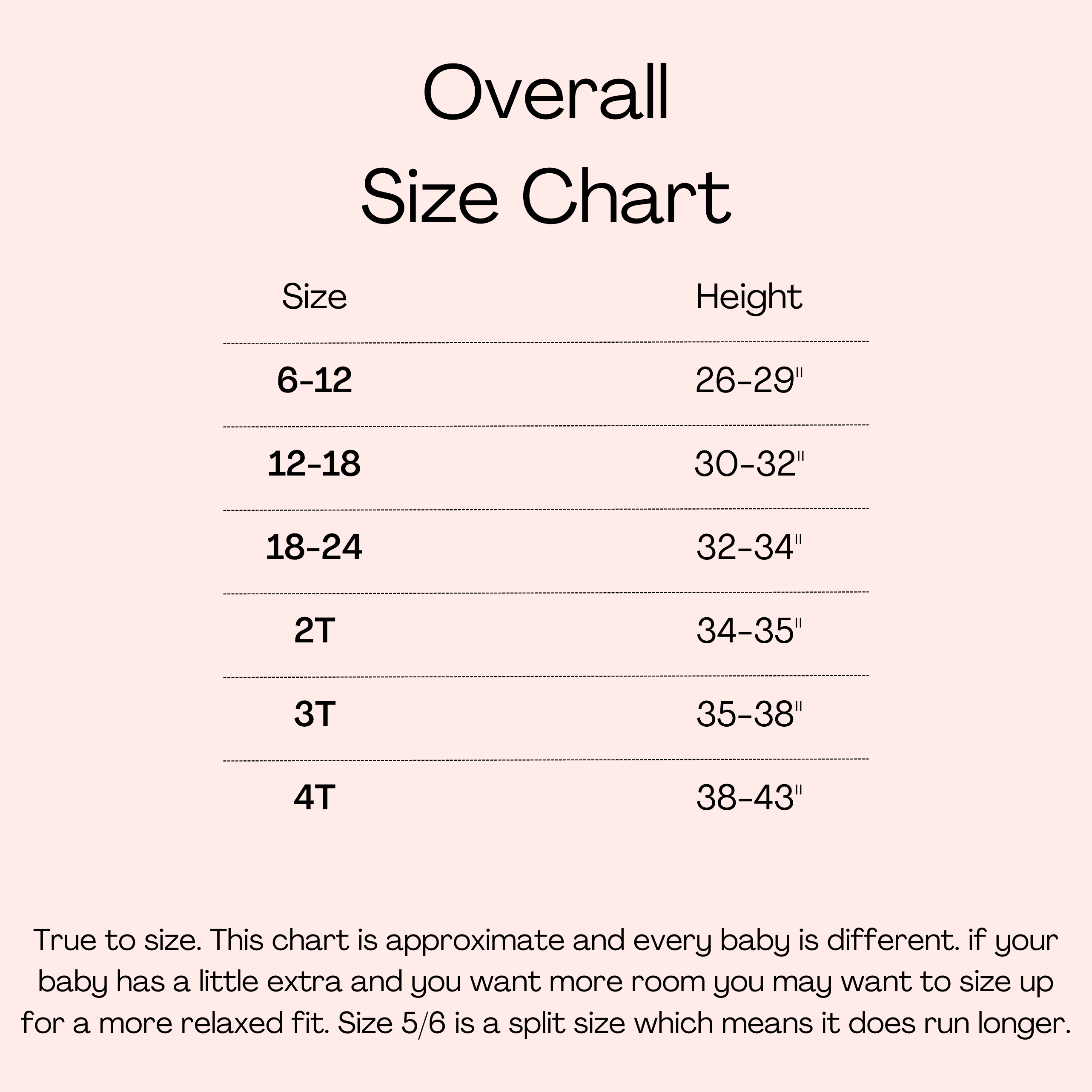 Overall size chart with sizes and corresponding heights.