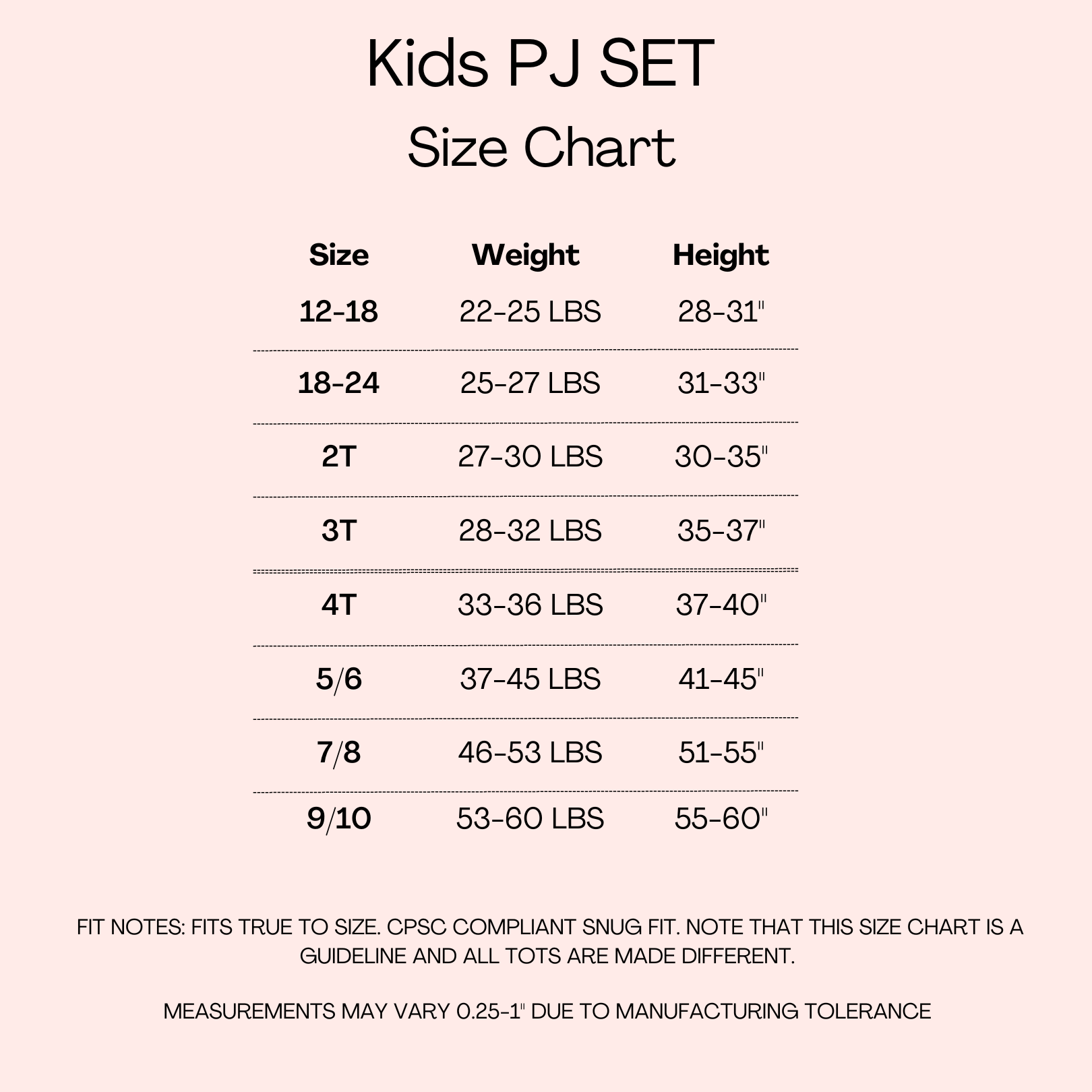 Kids PJ Set size chart with size, weight, and height.