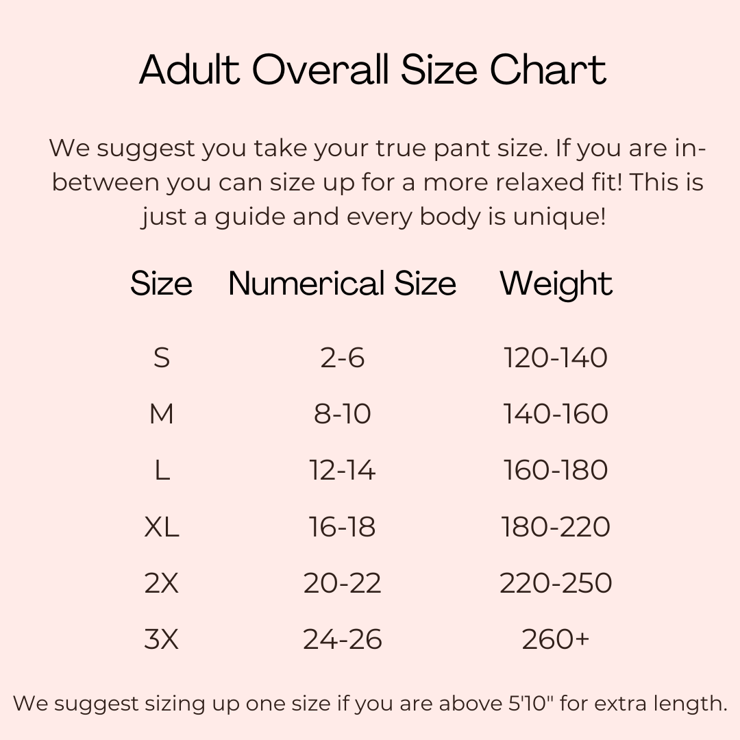 Adult overall size chart with numerical size and weight recommendations.