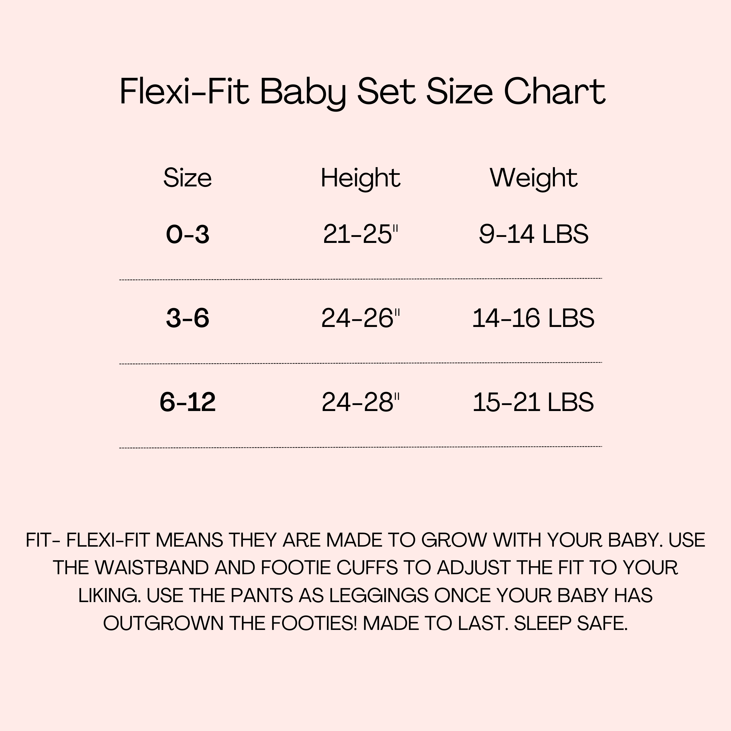 Flexi-Fit Baby Set size chart with size, height, and weight.