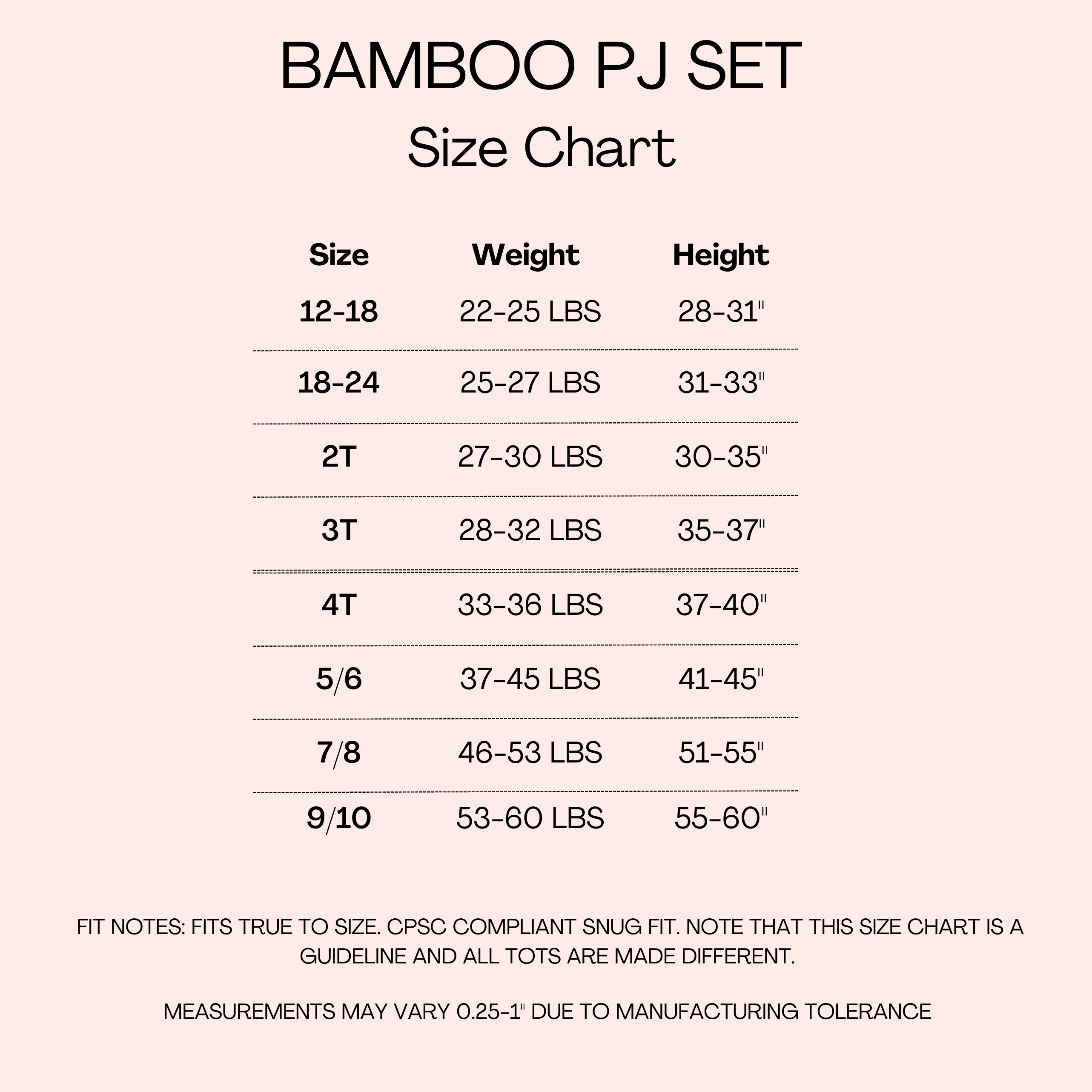Size chart for bamboo pajamas with size, weight, and height.