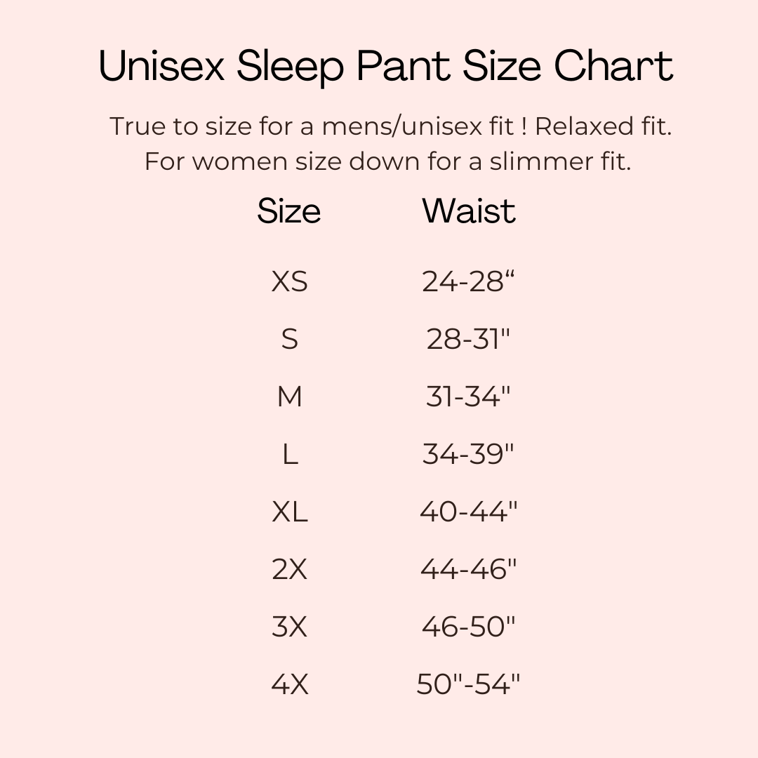 Unisex sleep pant size chart with waist measurements for sizes XS to 4X.