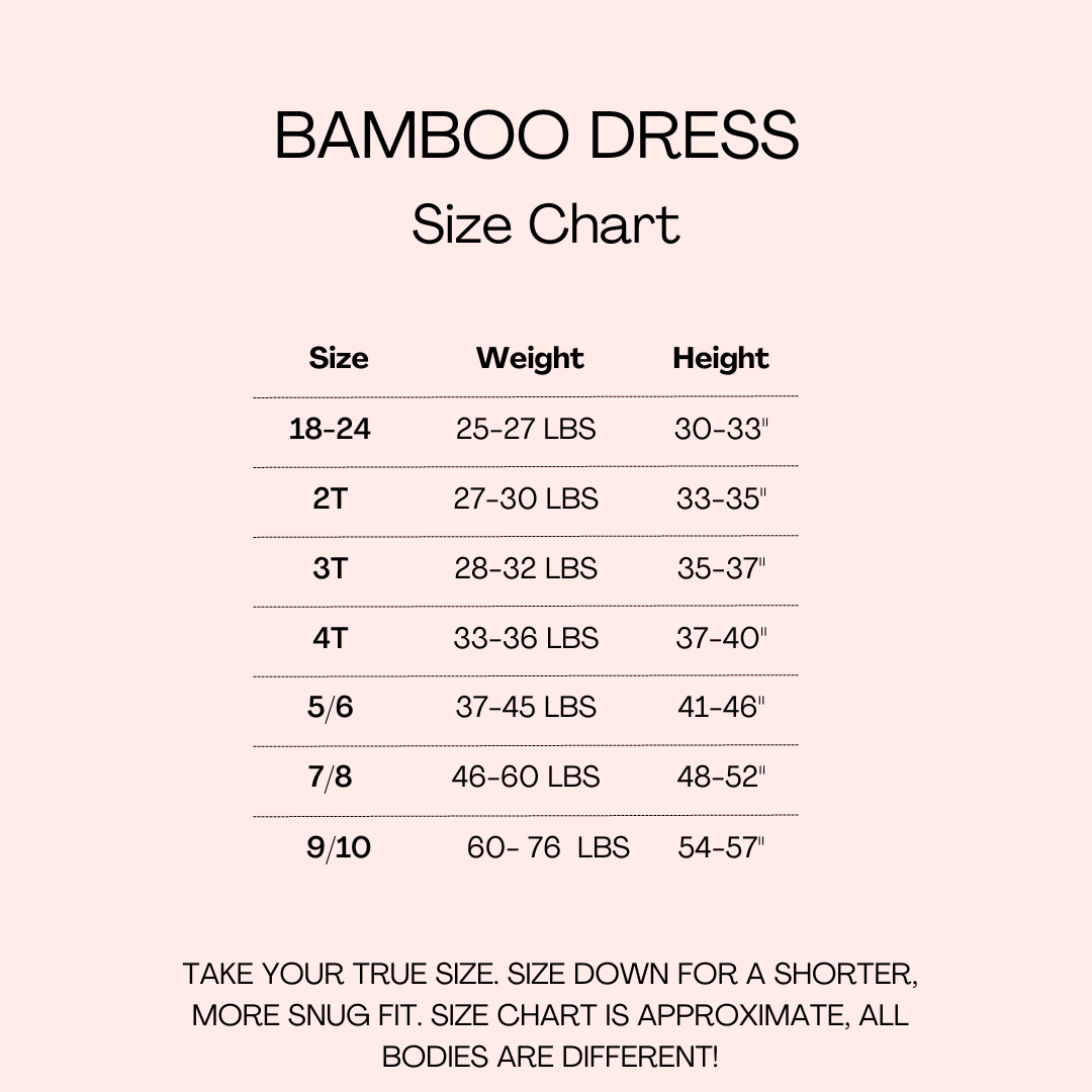 Size chart for a bamboo dress with size, weight, and height information.