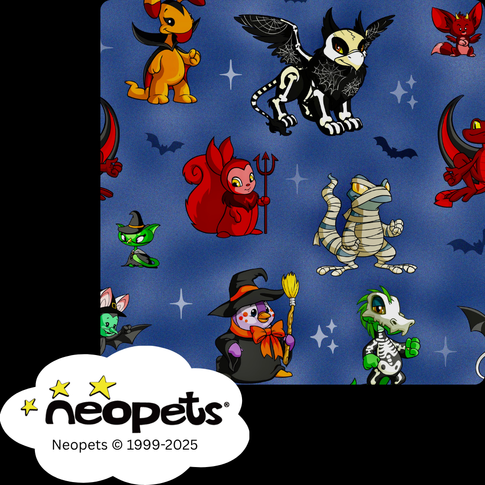 Neopets Halloween plush blanket with various characters in costumes.