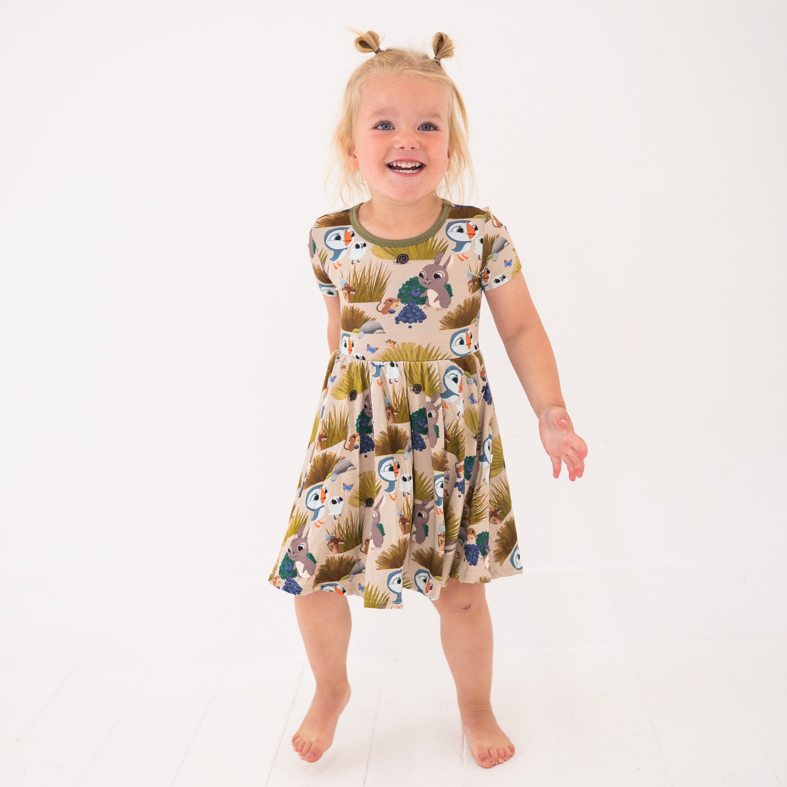 Puffin Rock™ luxe bamboo dress with a puffin and bunny print.