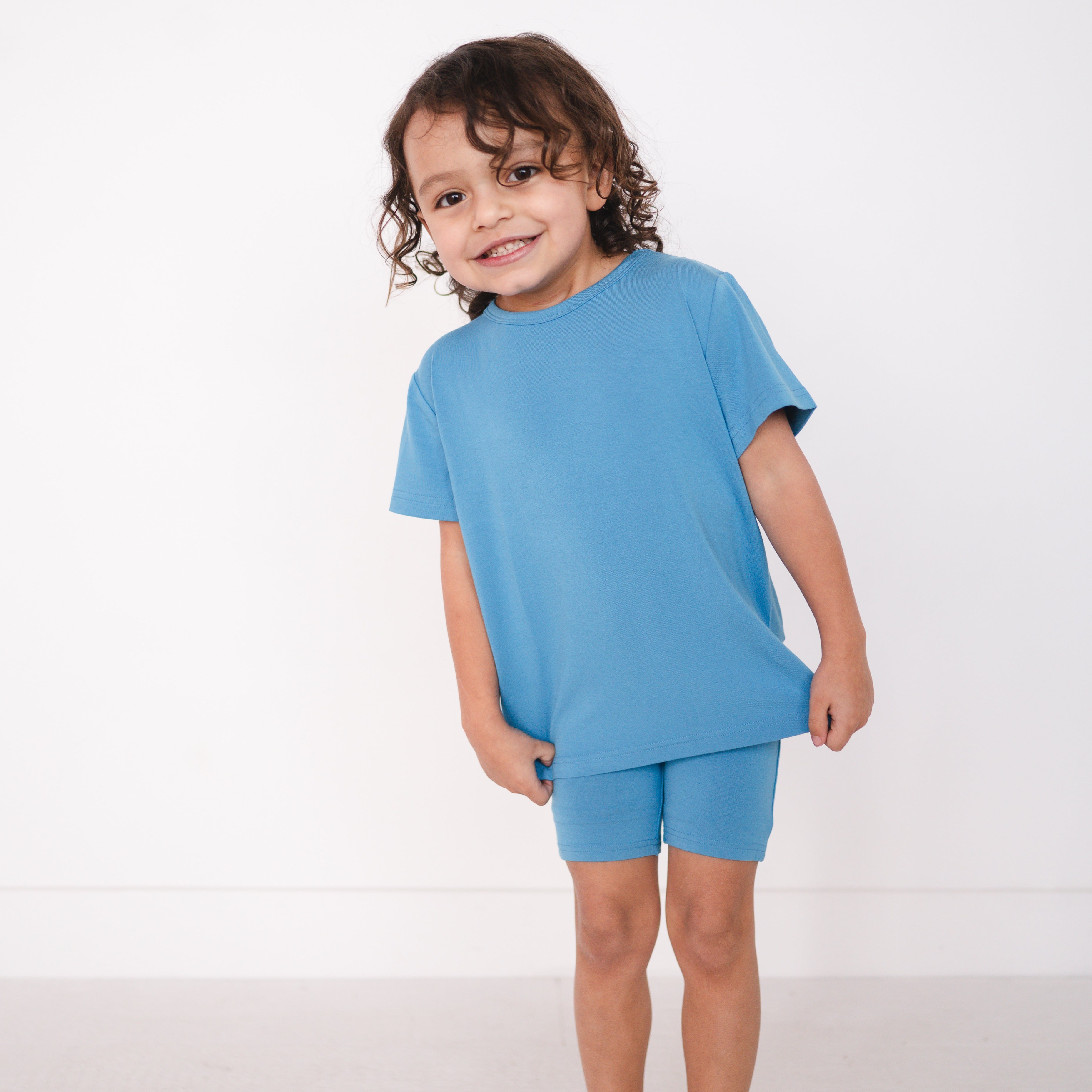 Cornflower blue biker shorts made from luxe bamboo.