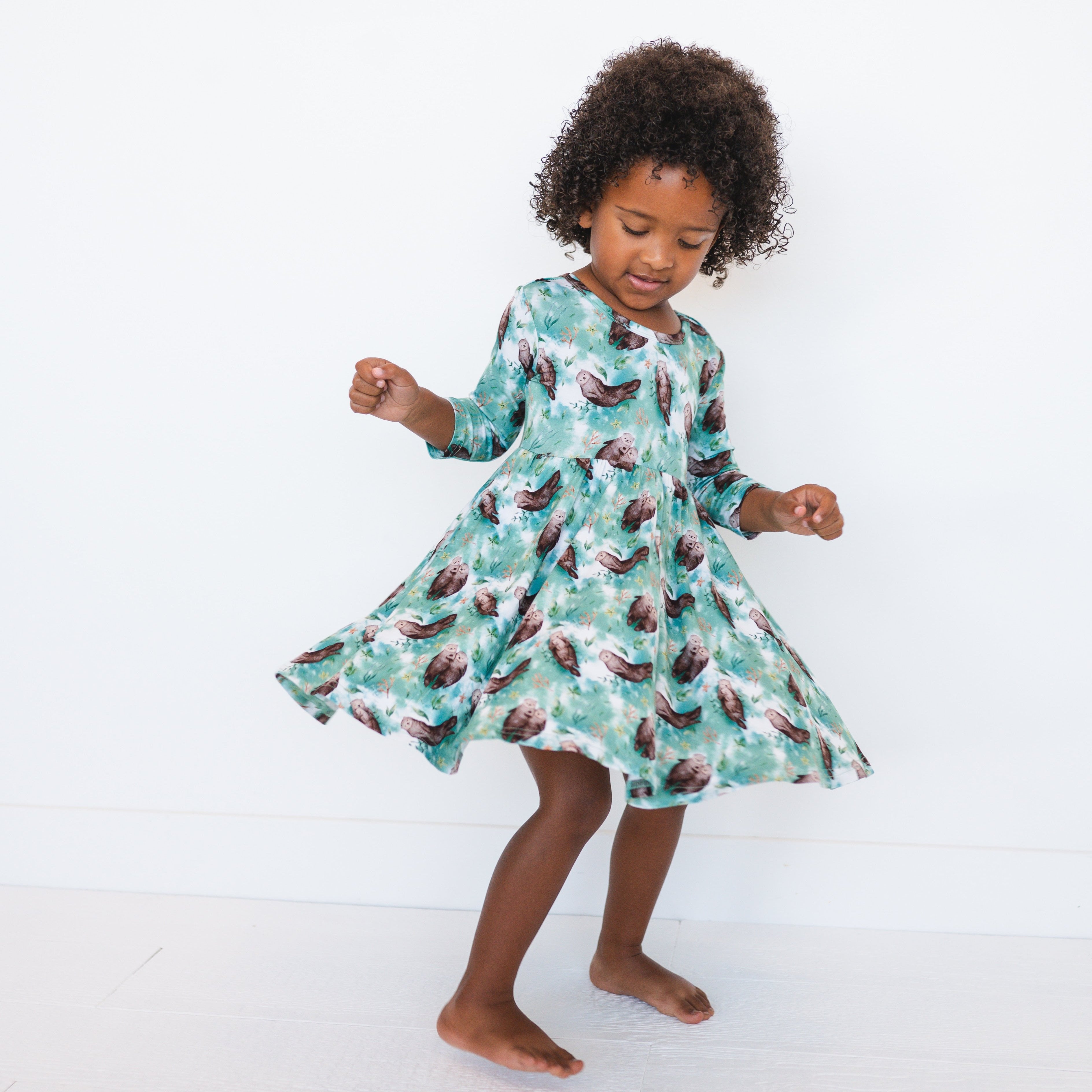 3/4 Sleeve Dress - Otters - Luxe - ploombaby Bamboo Baby Kid Clothing