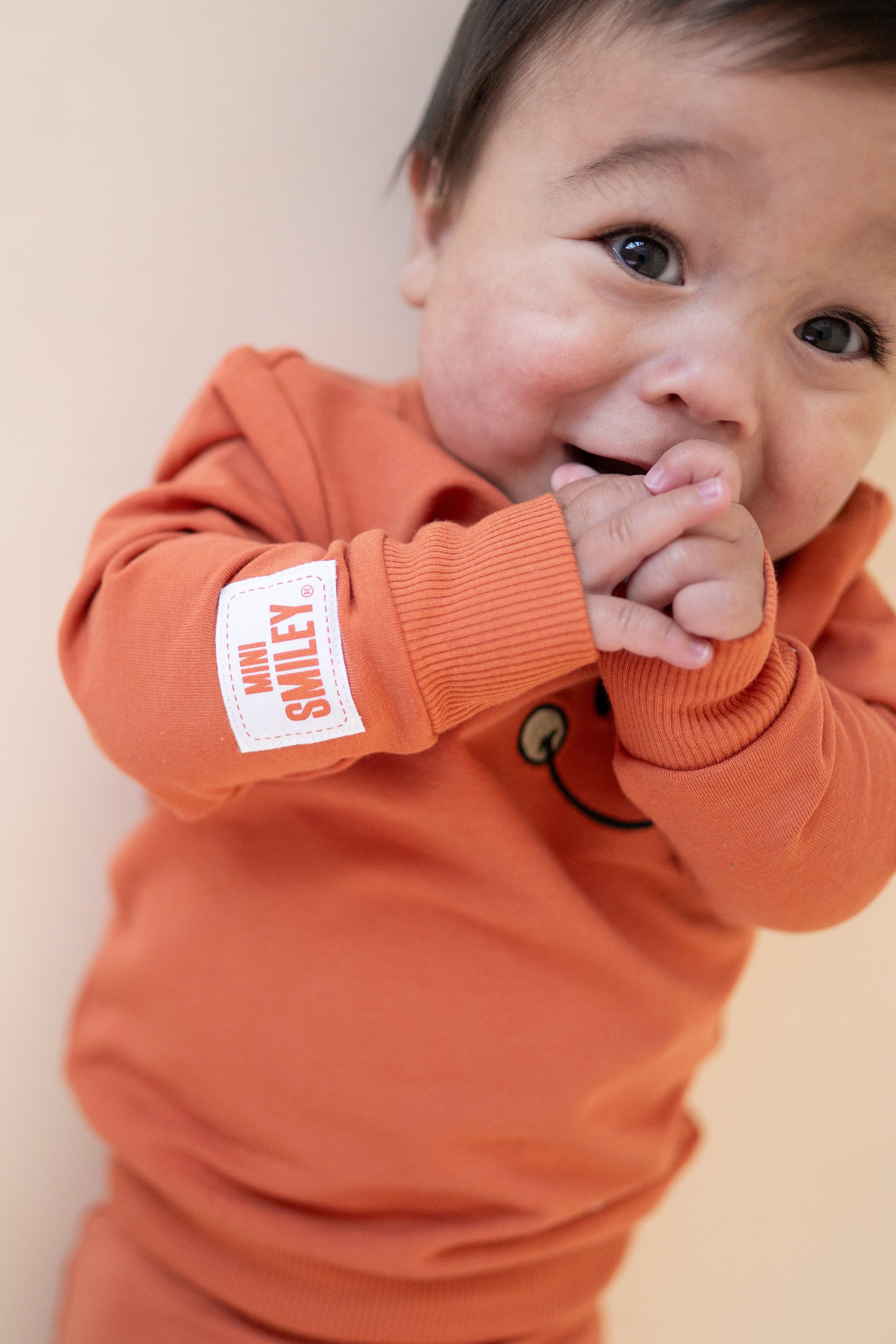 A baby wearing an orange crewneck sweatshirt with a Mini Smiley tag.