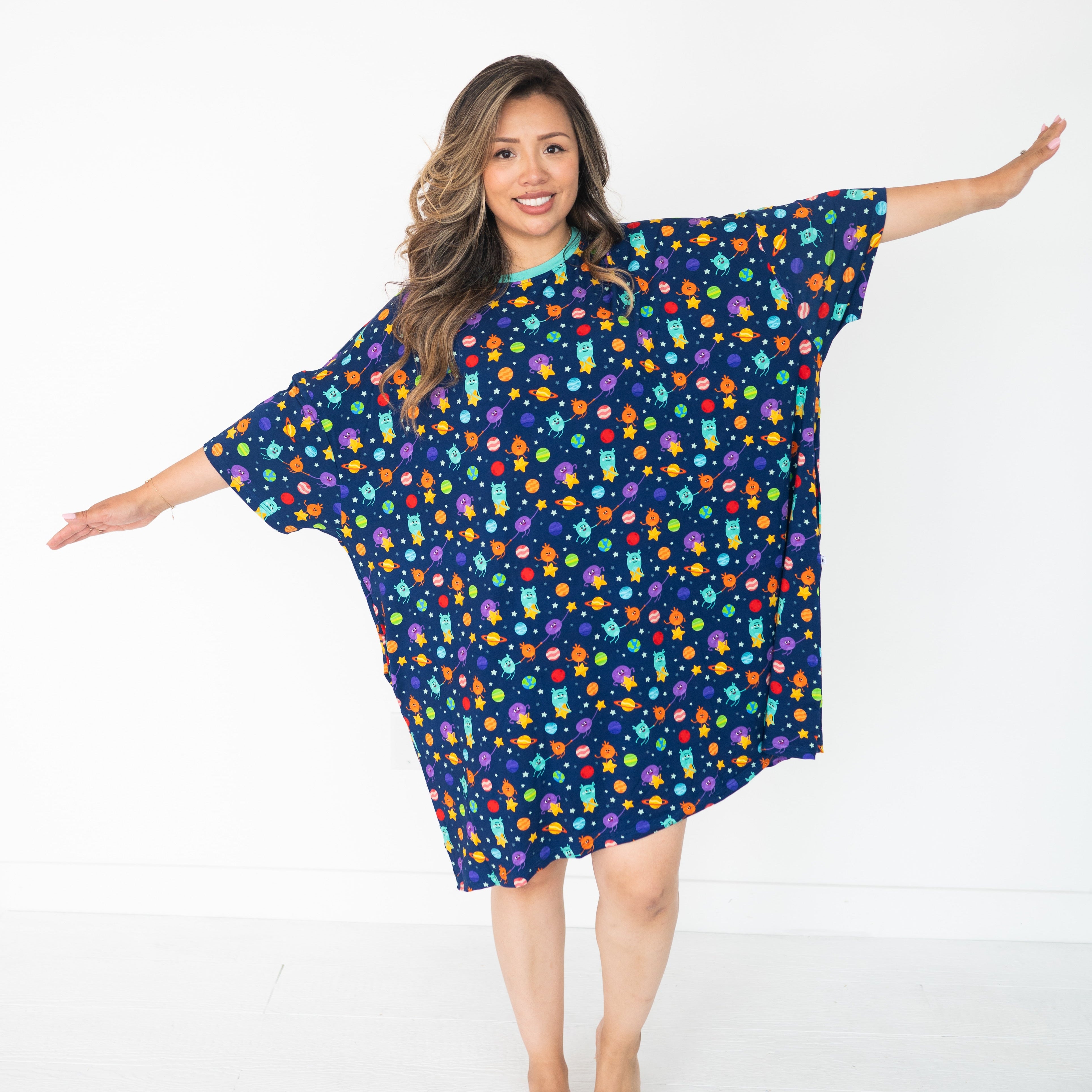 Adult mega sleep tee with a navy blue Super Simple Bumble Nums in Space print.