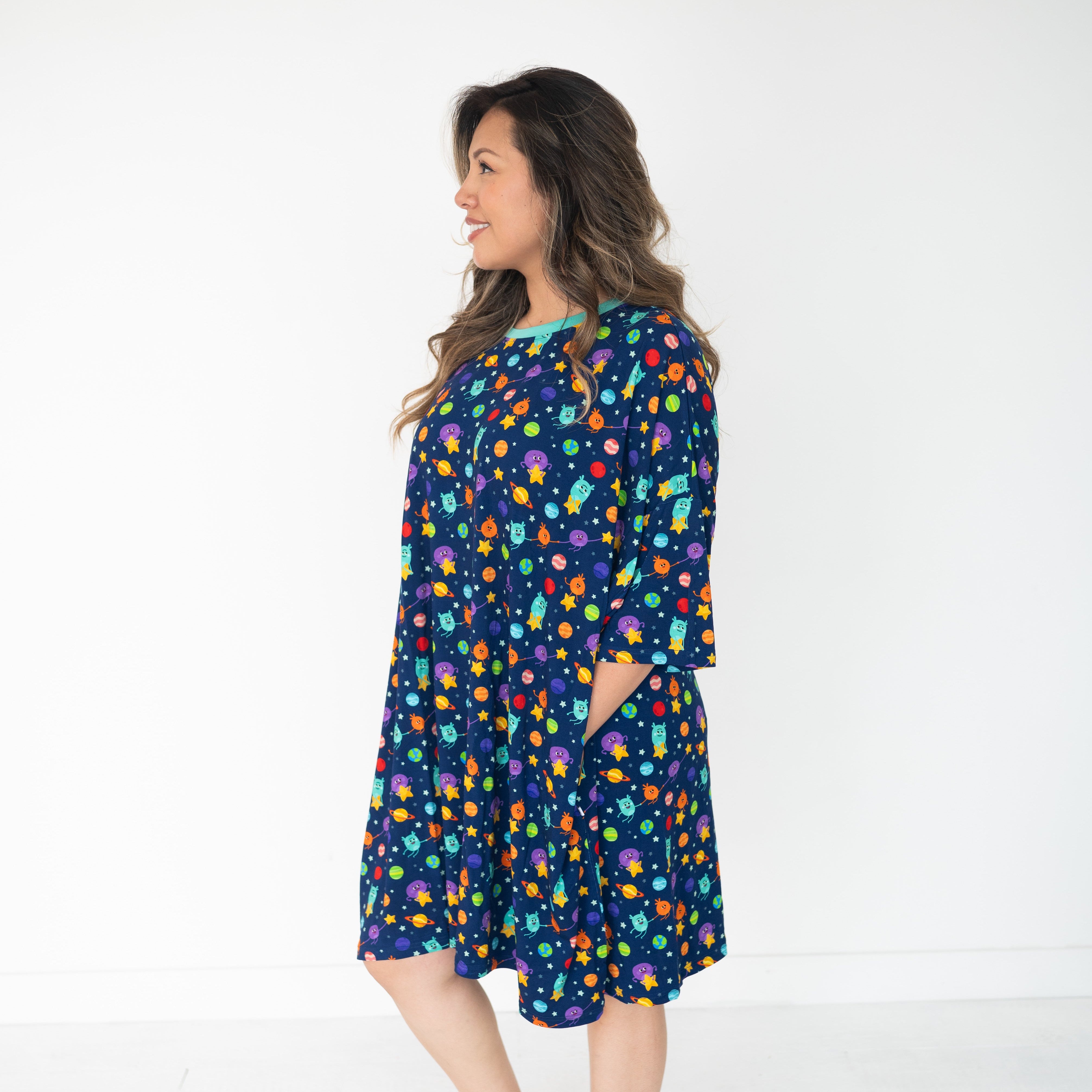 Adult mega sleep tee with a navy blue Super Simple Bumble Nums in Space print.