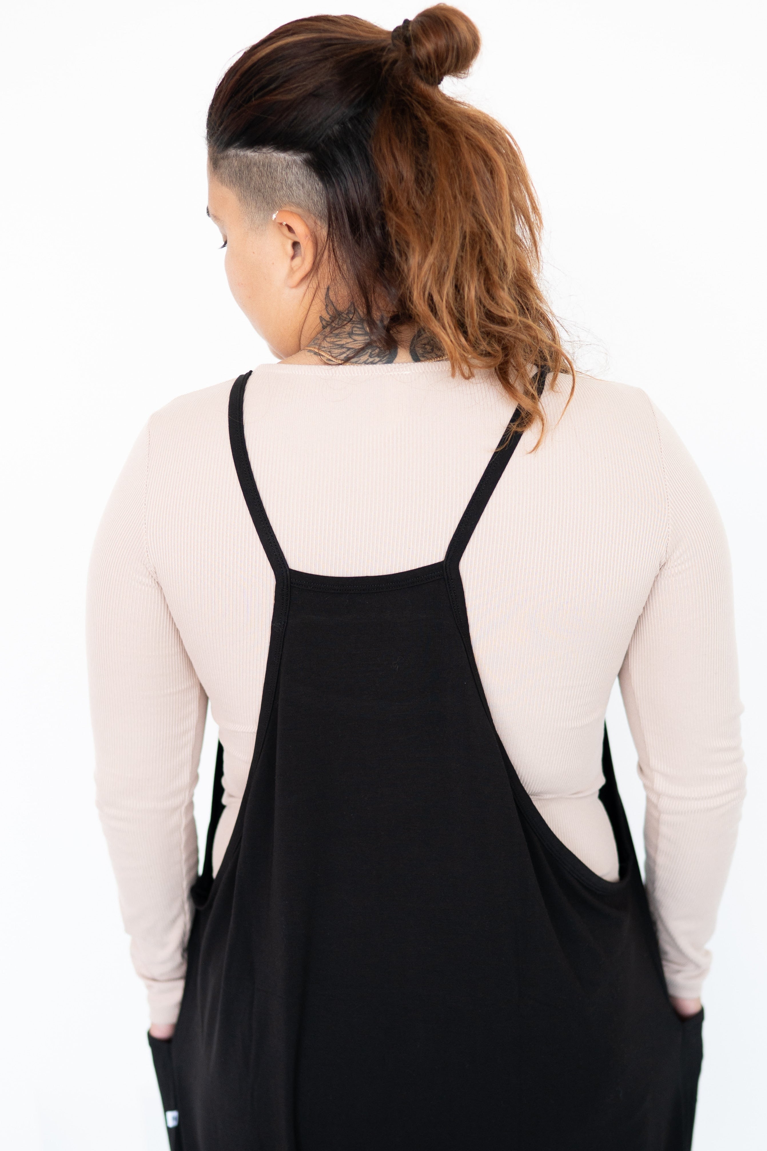 Adult overalls in obsidian black made from soft bamboo fabric.