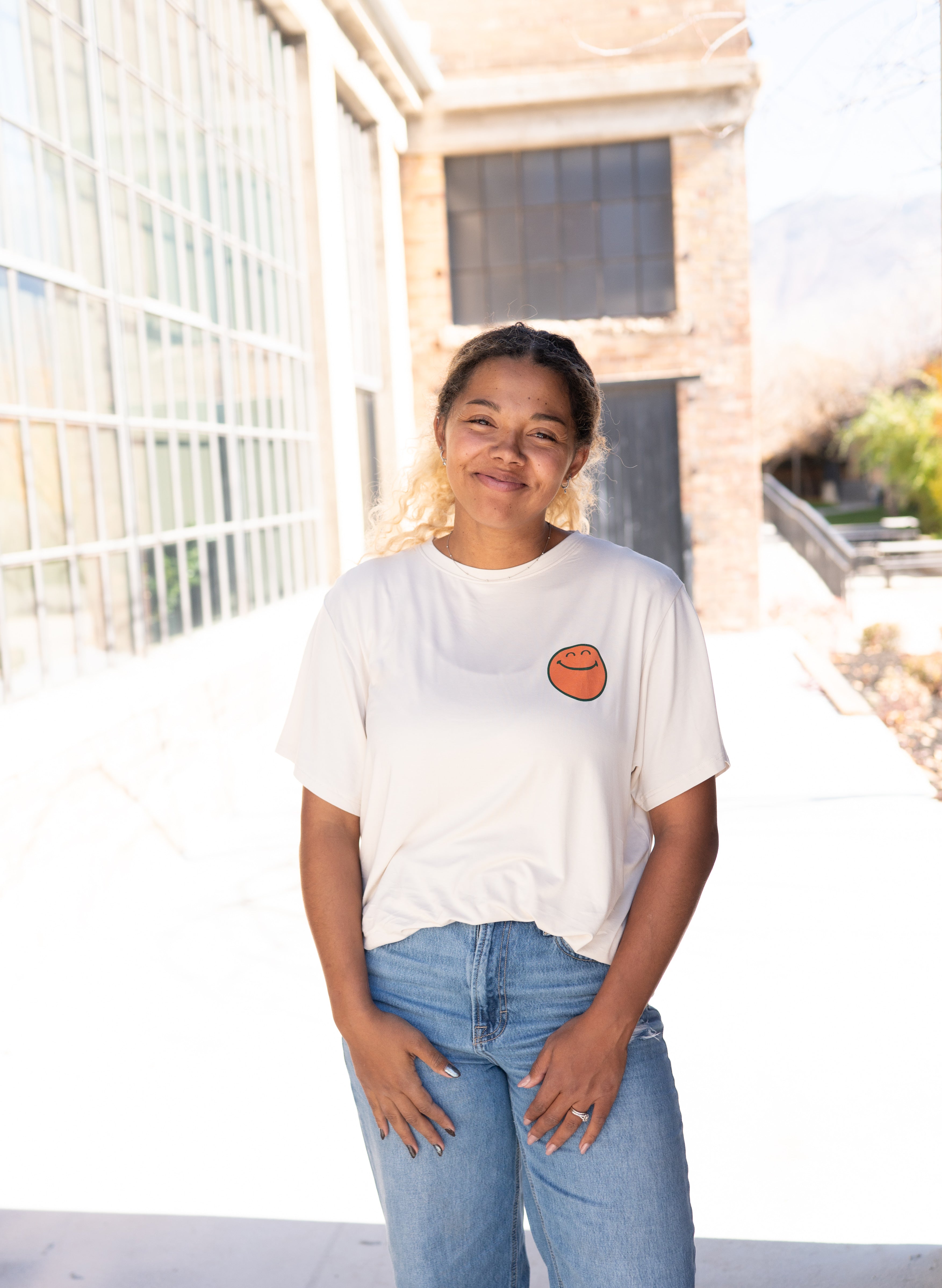 Oversized bamboo tee with a smiley face graphic.