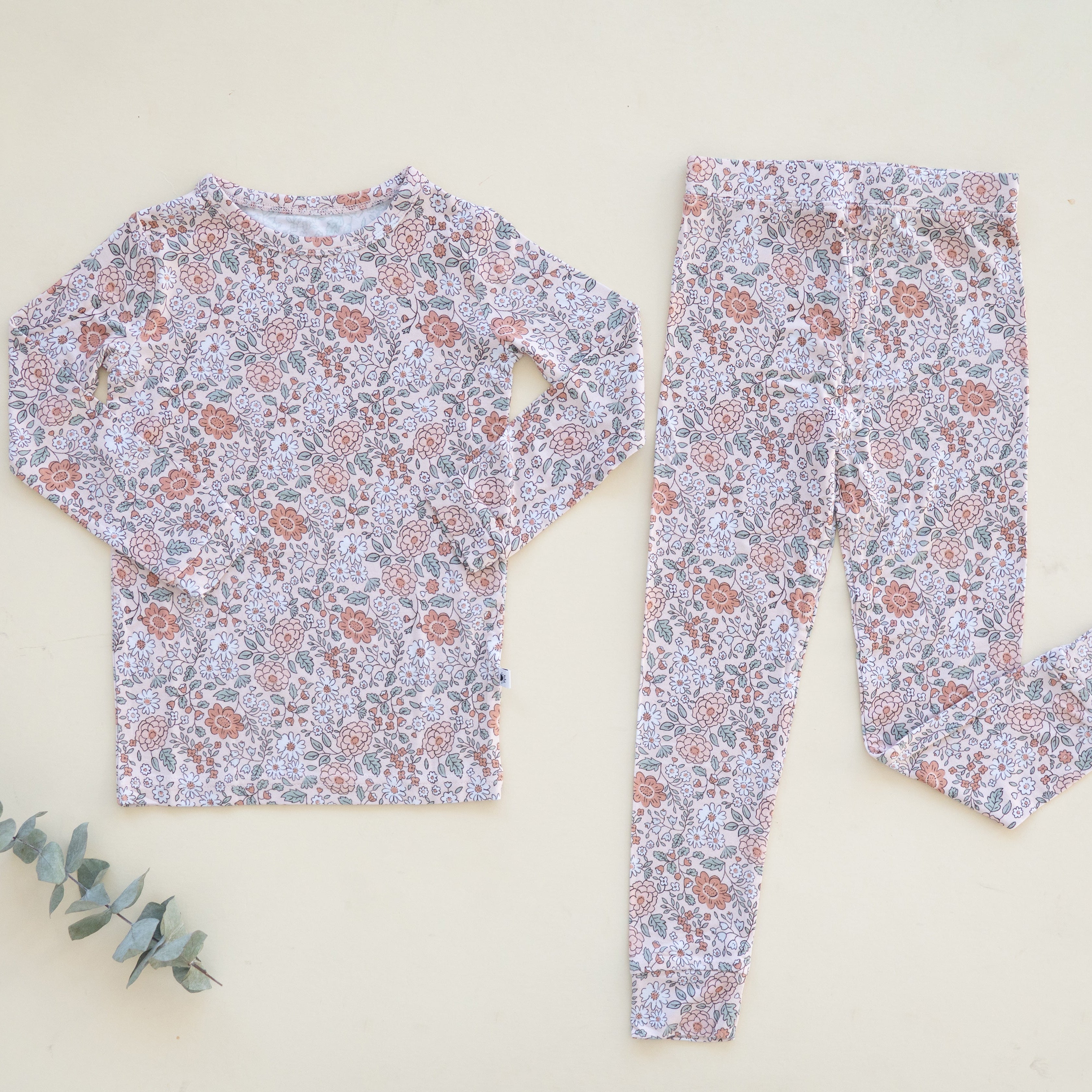 A long-sleeved pajama set with a vintage floral print.