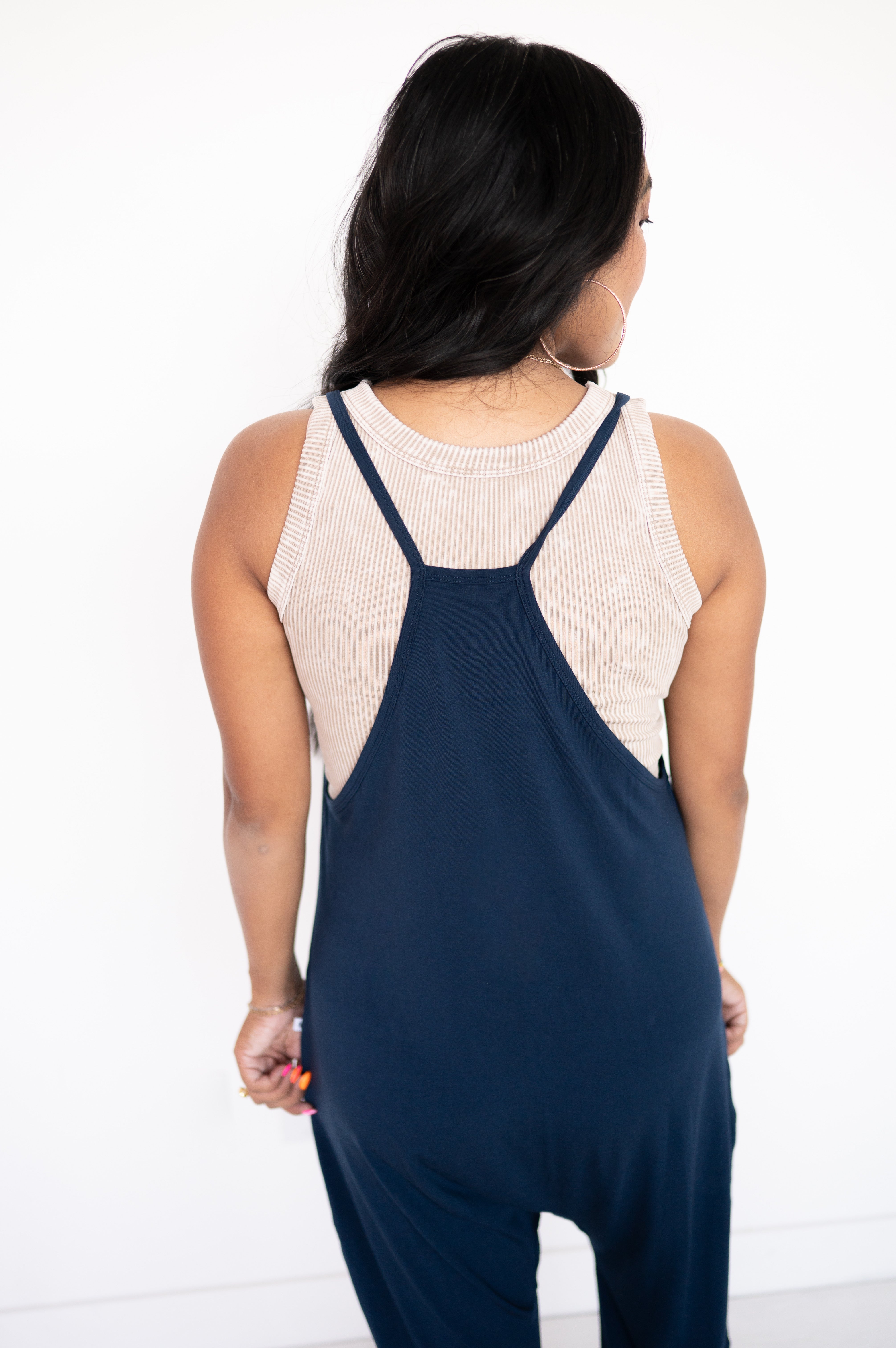 Adult navy overalls made of luxe bamboo fabric.