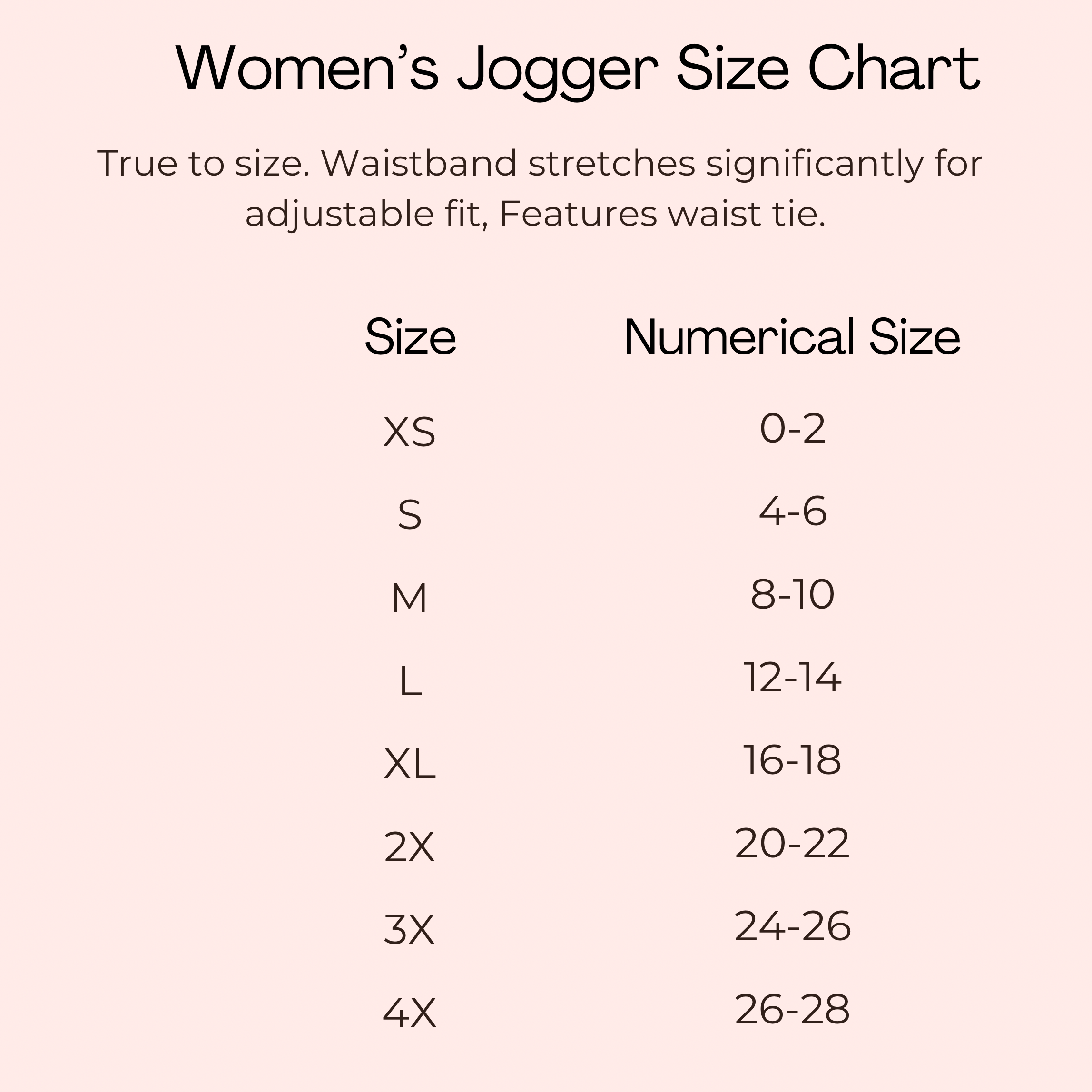 Women's jogger size chart with sizes XS to 4X and corresponding numerical sizes.