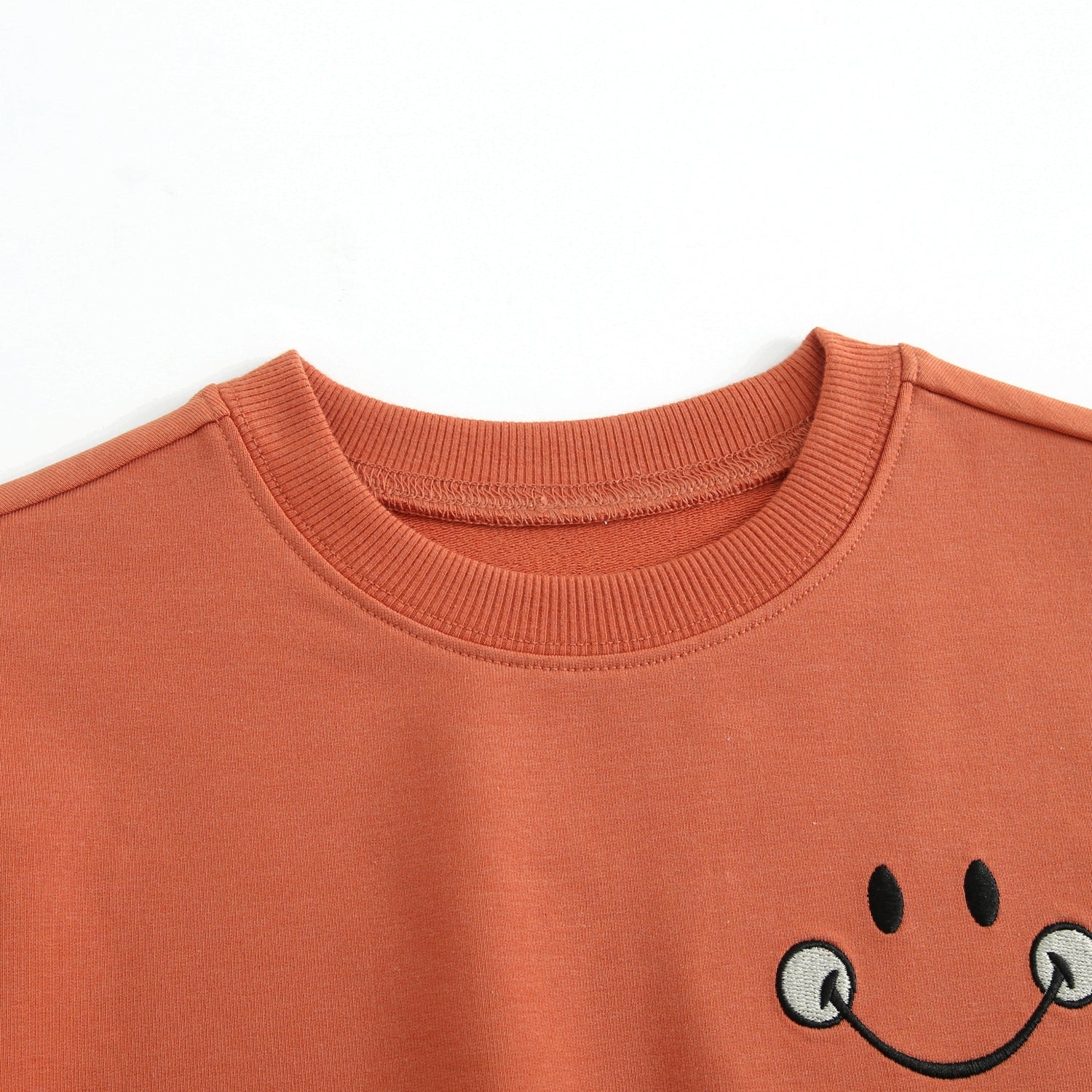 Rust crewneck sweatshirt with an embroidered Mini Smiley face.