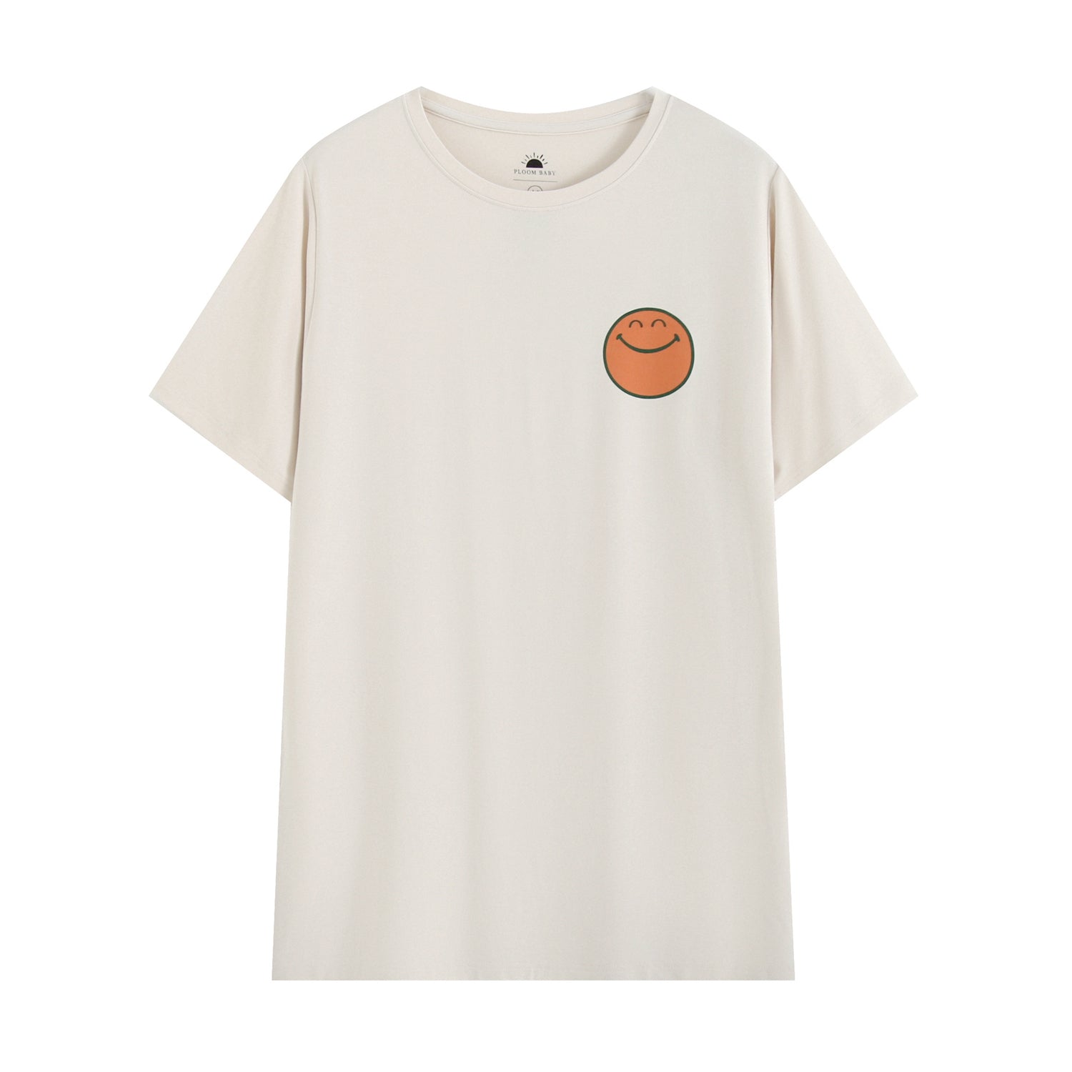 Oversized cream t-shirt with a small orange smiley face graphic on the chest.