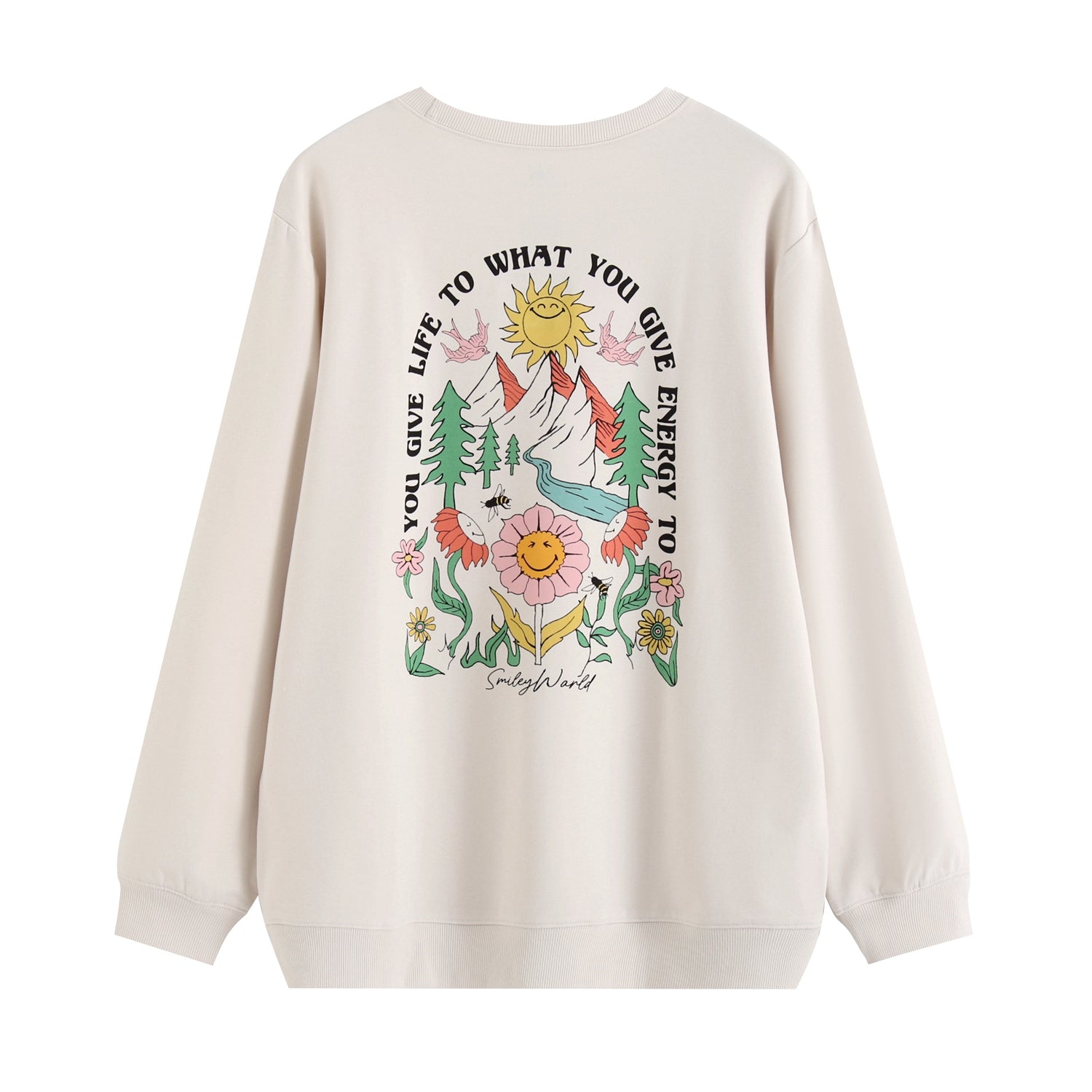 Cream unisex crewneck sweatshirt with a colorful nature graphic and SmileyWorld text.