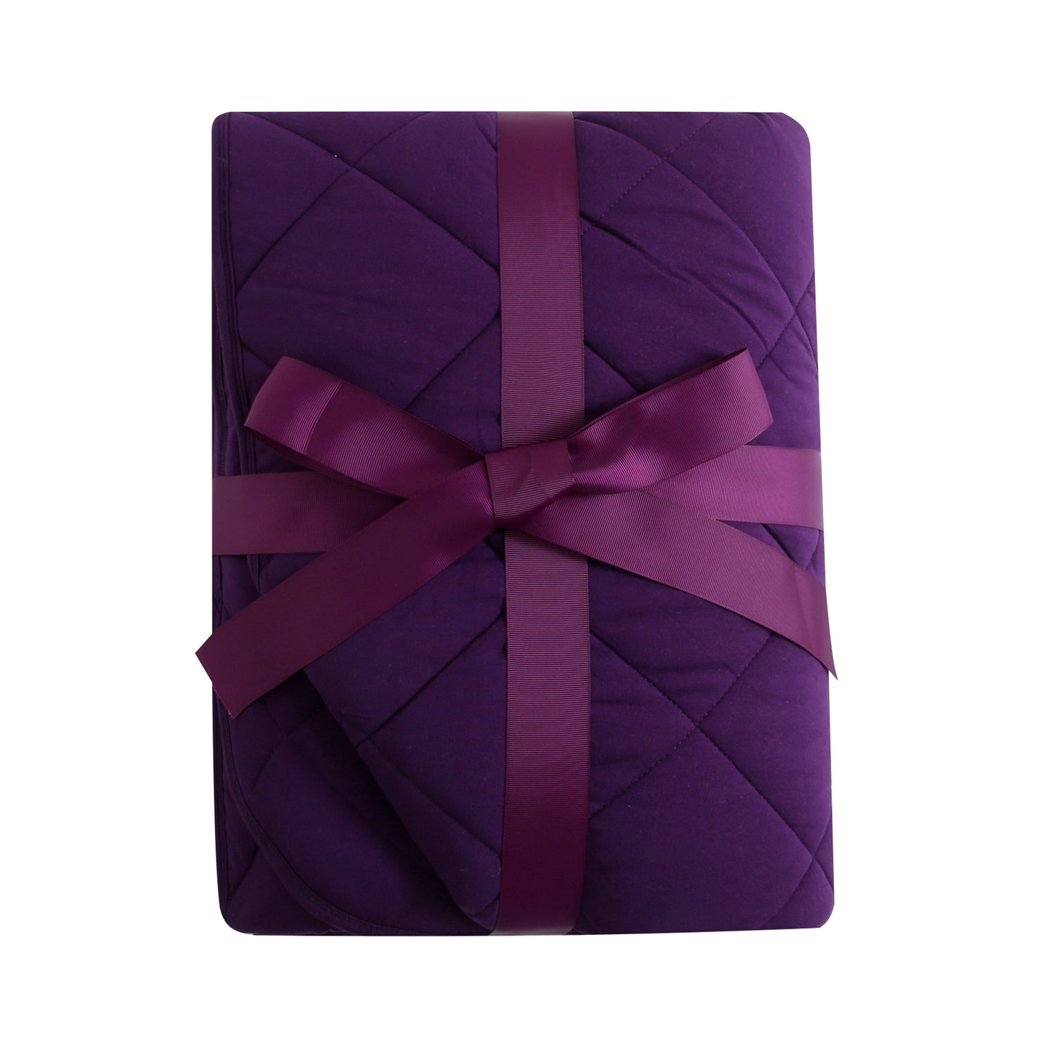 A folded purple quilted blanket tied with a matching ribbon bow.