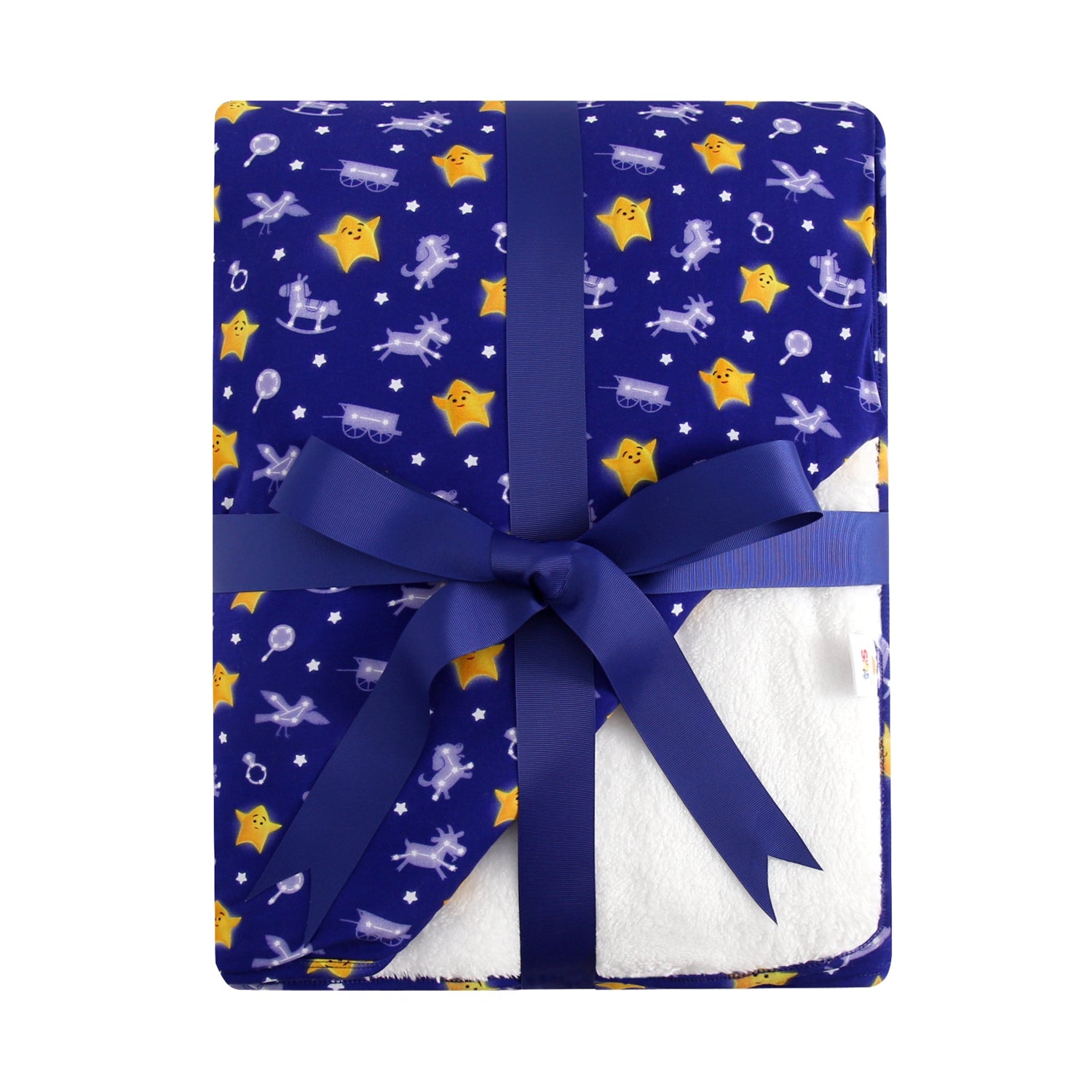 A blue blanket with yellow stars and rocking horses, tied with a navy ribbon.