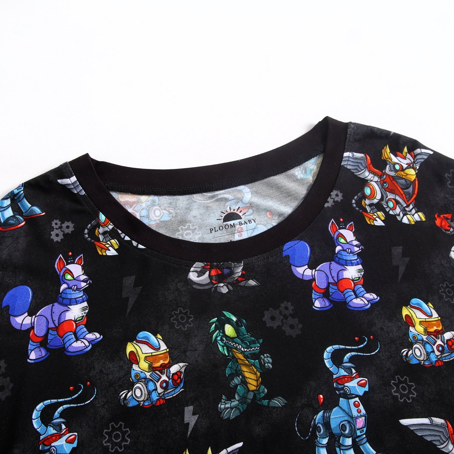 Black t-shirt with a repeating pattern of colorful robot animals.