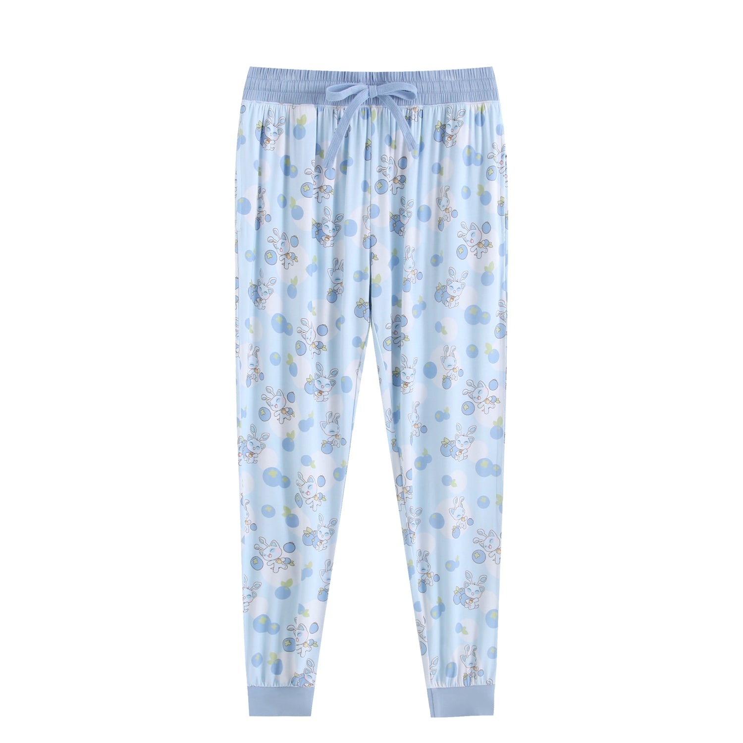 Light blue pajama joggers with a blueberry and baby Neopets print.