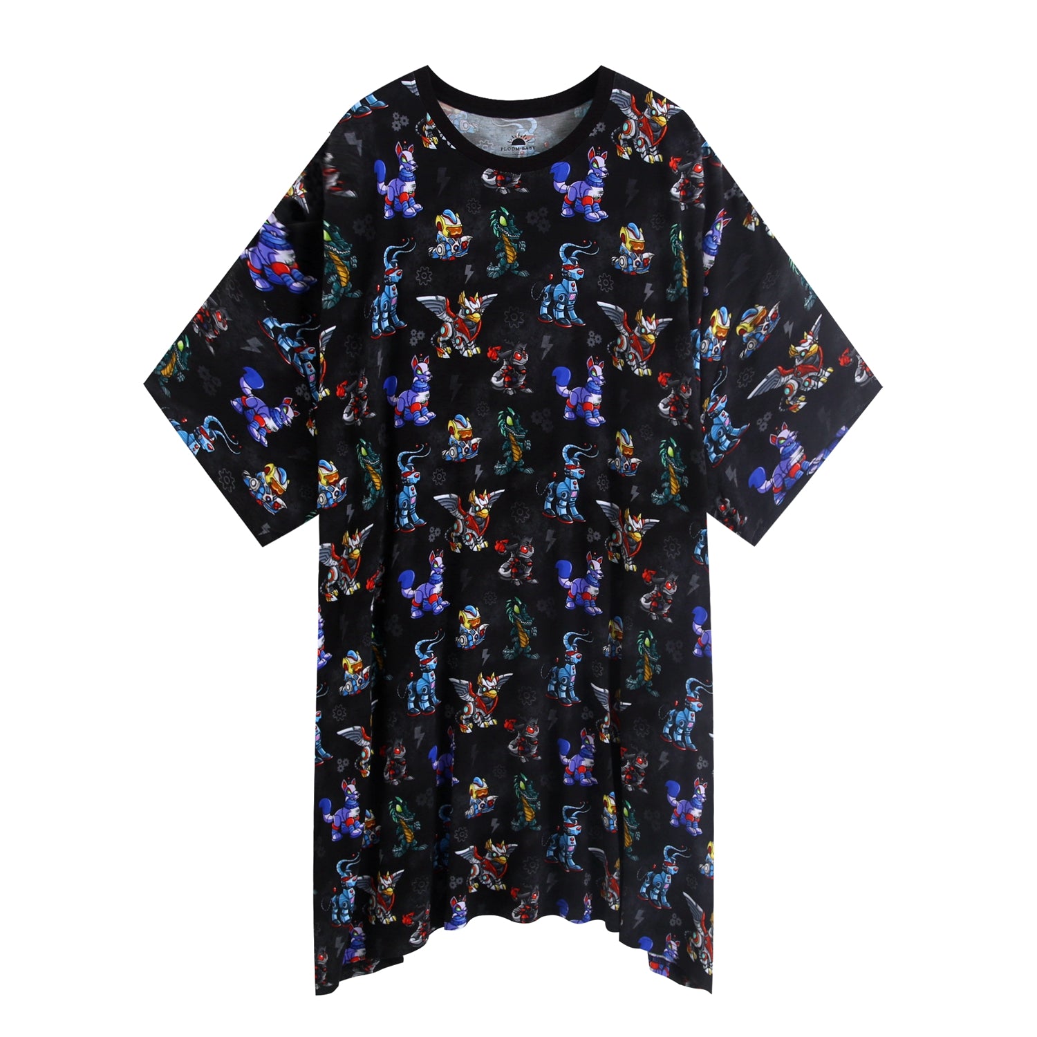 Black t-shirt with a repeating pattern of colorful robot characters.